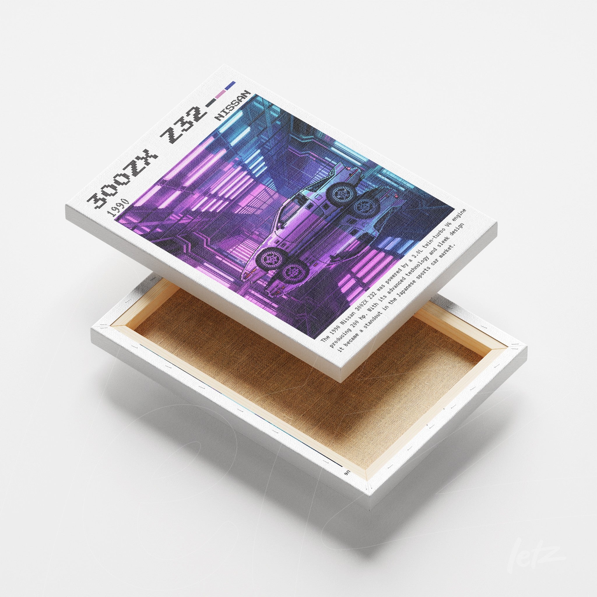 arte digital de um carro Nissan 300ZX de 1990 em estilo neon sobre fundo futurista em canvas