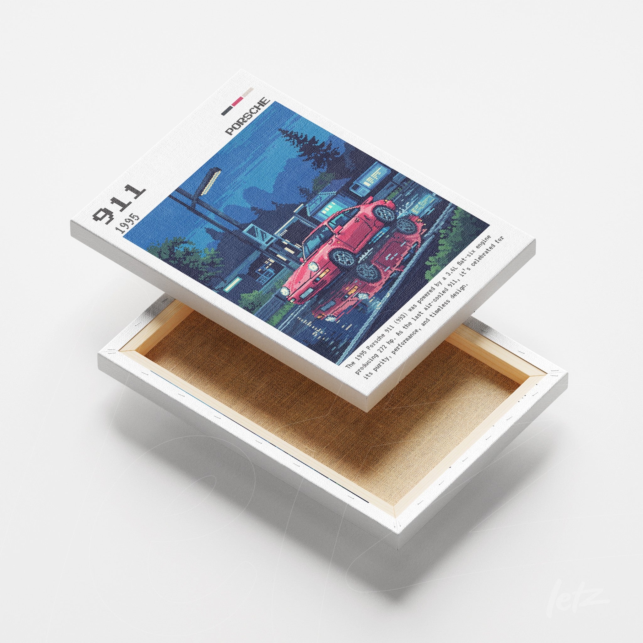 quadro em canvas com arte retro de um Porsche 911 de 1987 em ambiente urbano noturno