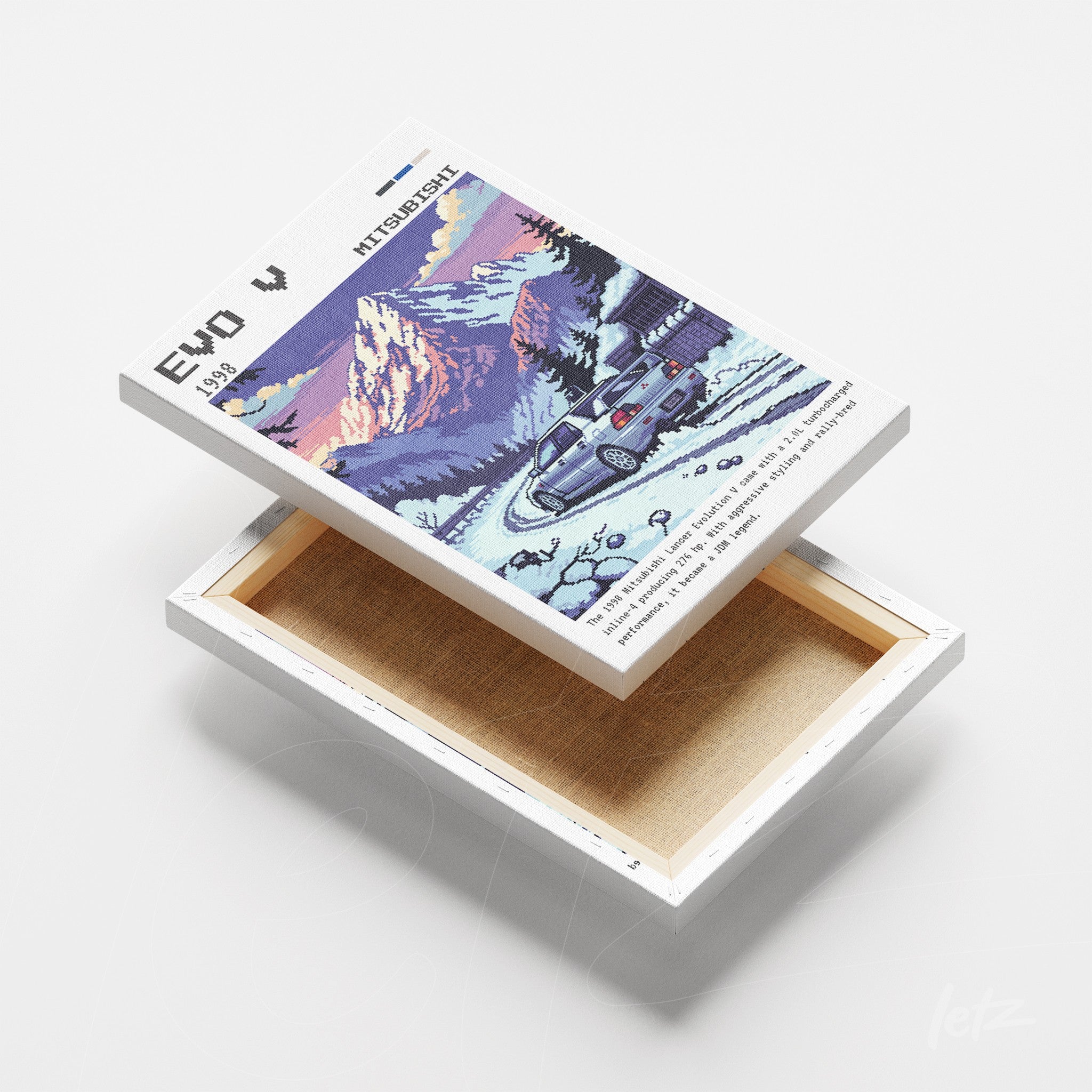 quadro em canvas com arte retrô de um carro Mitsubishi em uma estrada montanhosa coberta de neve, moldura branca