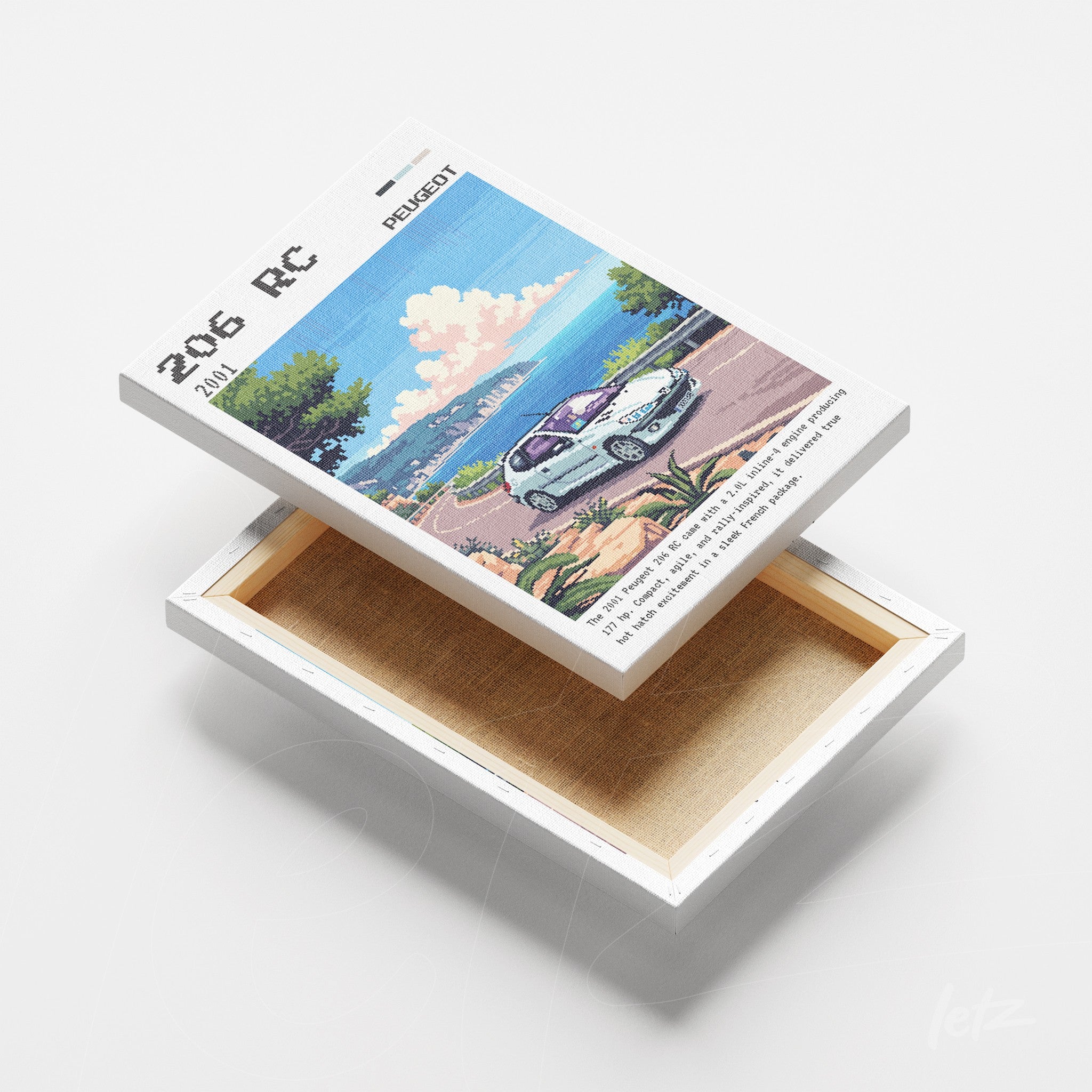 quadro em tela com arte digital de um carro Peugeot 206 RC em paisagem tropical com fundo azul e vegetação colorida