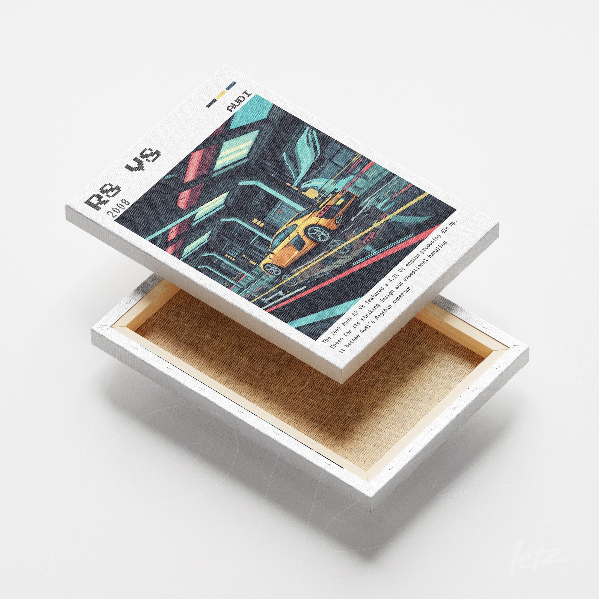 quadro em canvas mostrando um carro esportivo amarelo em um ambiente urbano com luzes neon