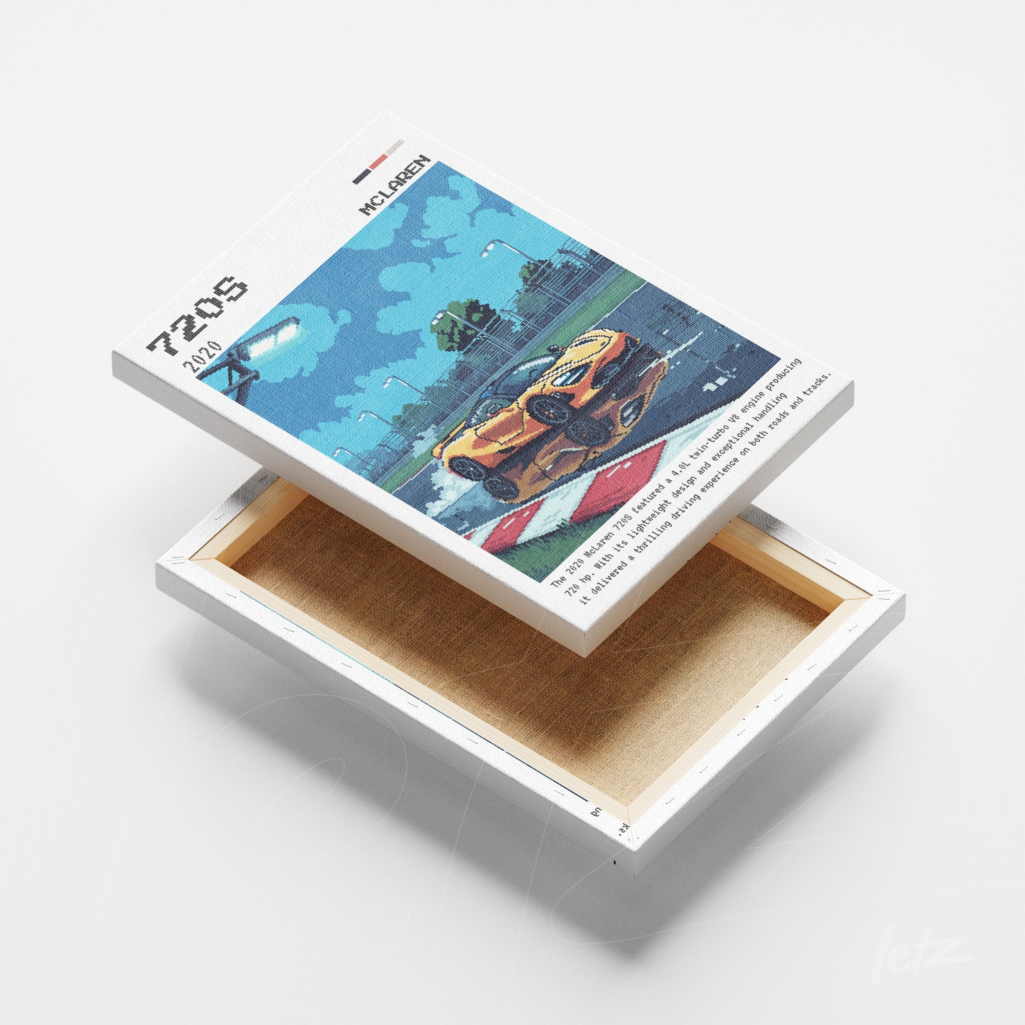 quadro em canvas com imagem de carro esportivo em pista de corrida, moldura branca