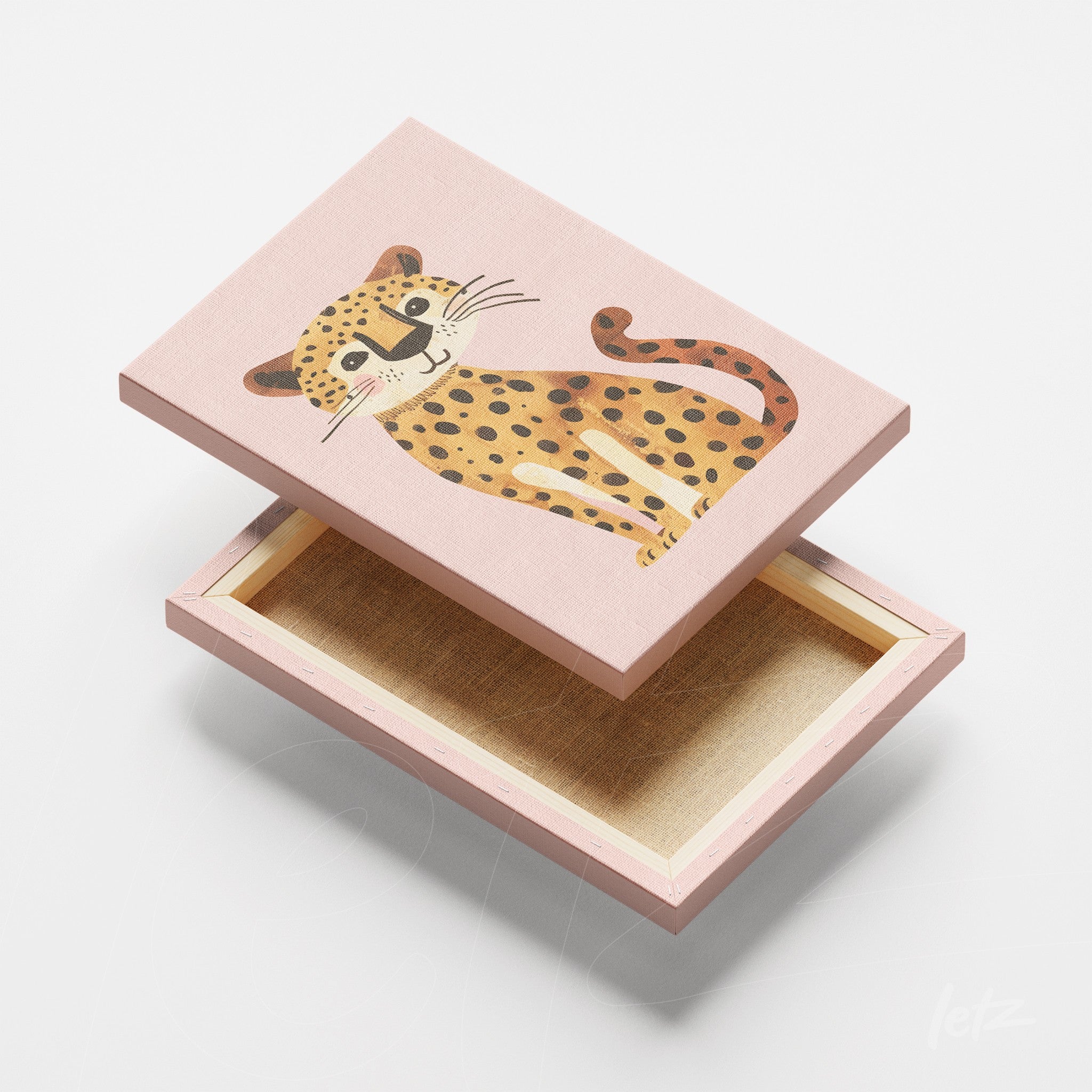 caixa decorativa em tela rosa com ilustração de um leopardo sorridente