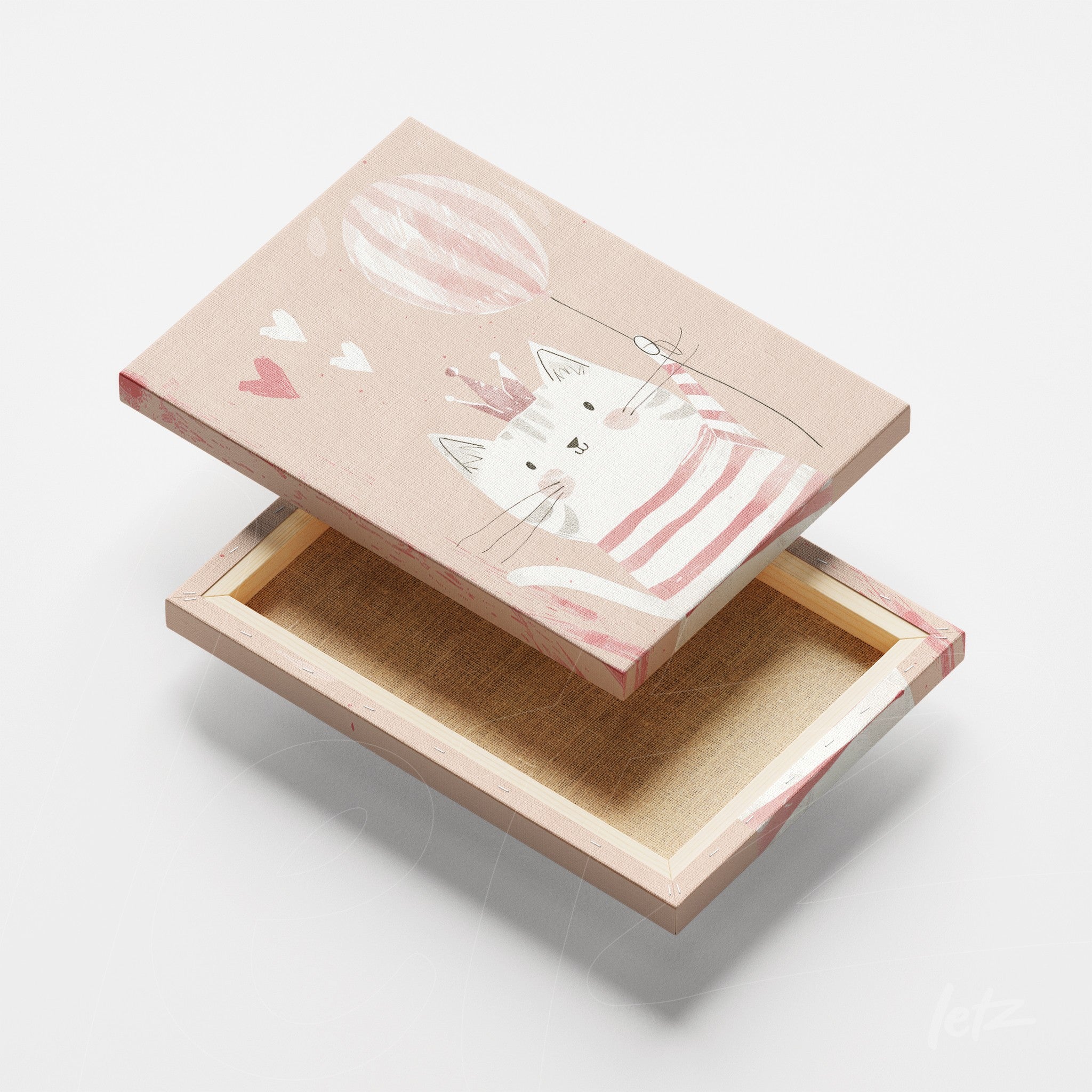 quadro em canvas com ilustração de gato fofo usando uma camiseta listrada e segurando um balão, fundo rosa suave