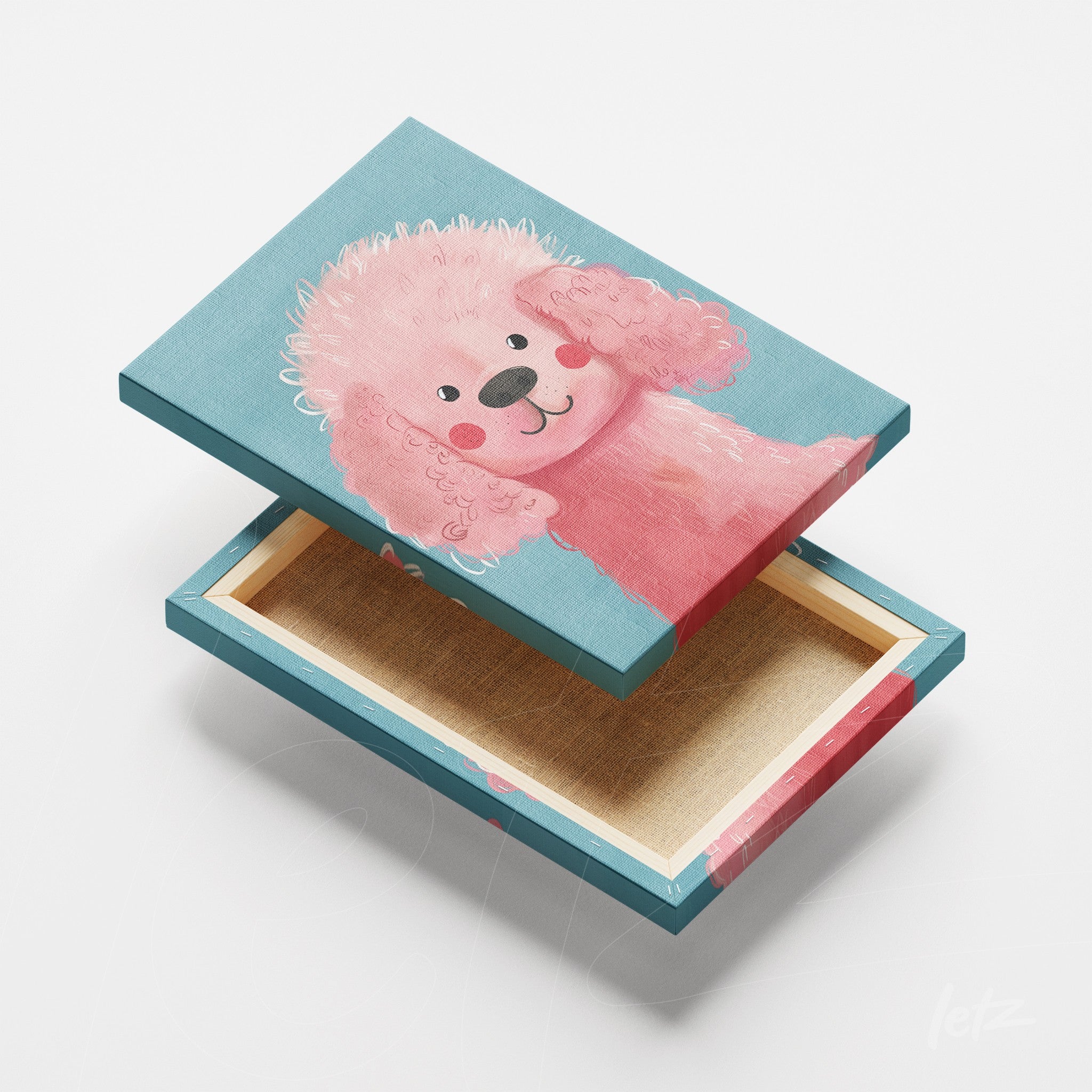 quadro em canvas com ilustração de um poodle rosa sobre fundo azul