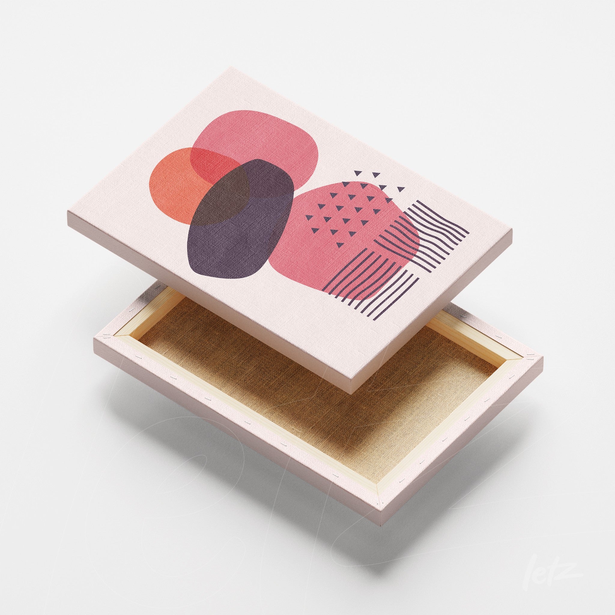 tela em canvas com arte abstrata de formas orgânicas em cores rosa e roxa com detalhes geométricos