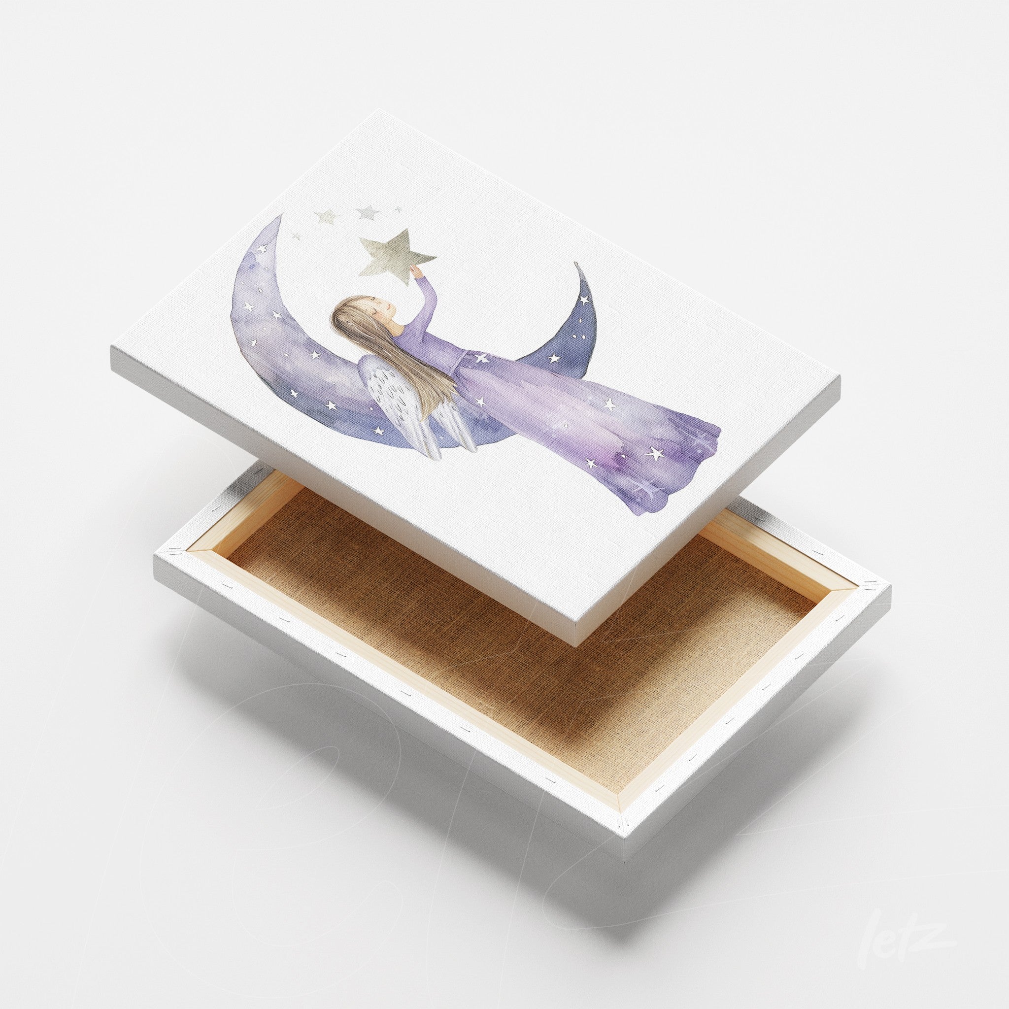 quadro em canvas com ilustração de uma fada segurando uma estrela sob a lua em fundo lilás