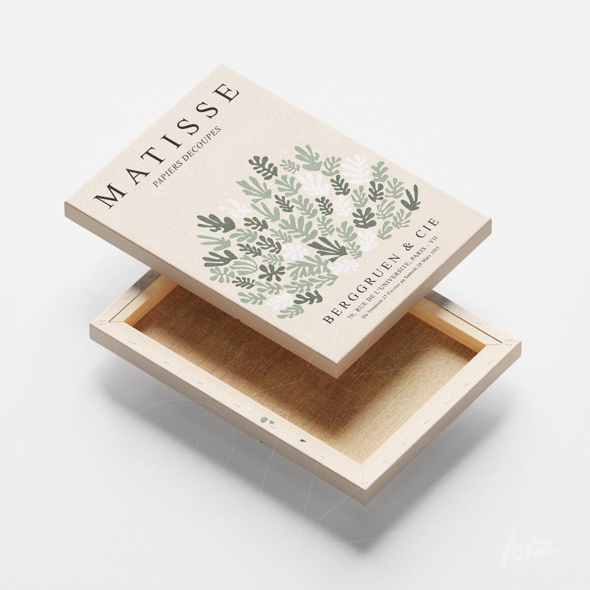 quadro em canvas com arte floral inspirada em Matisse, moldura clara e fundo neutro