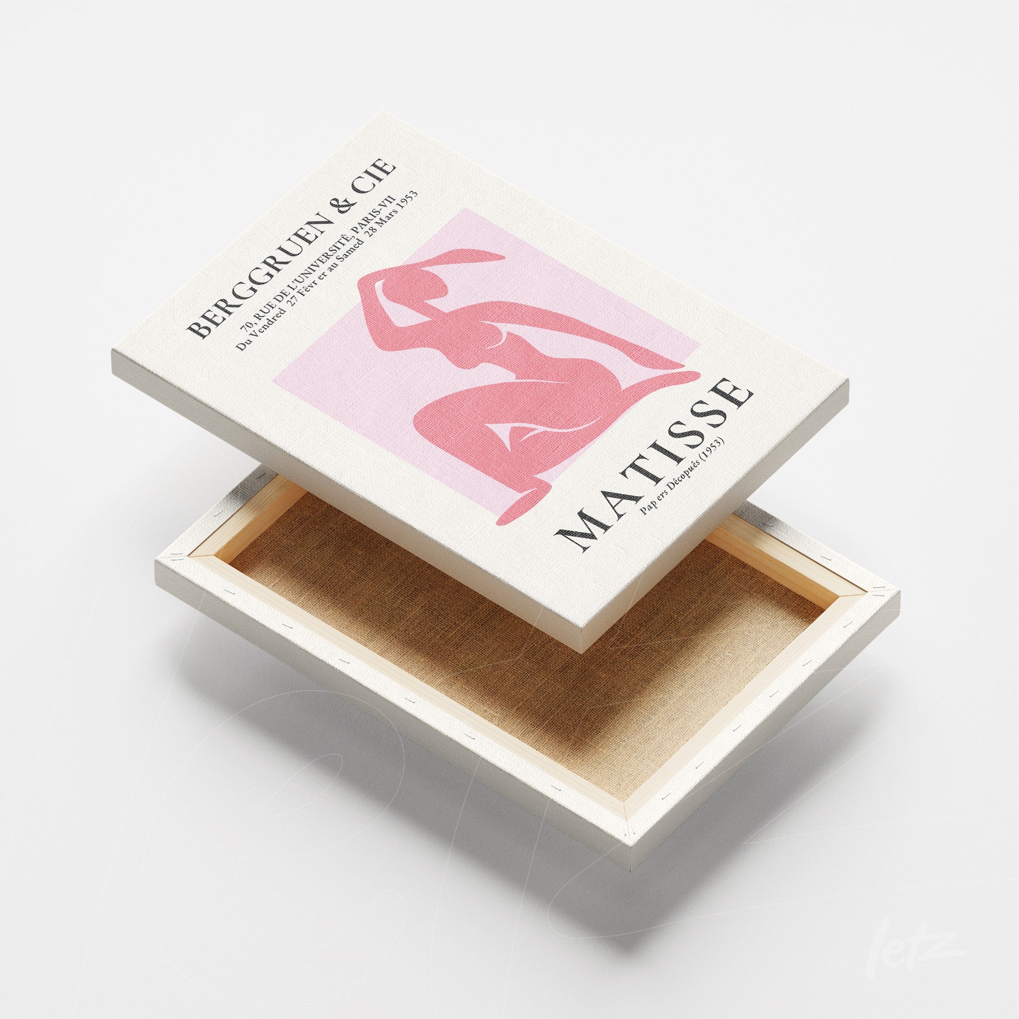 quadro em tela com arte de Matisse, apresentando figura feminina em tons de rosa em fundo claro, moldura de canvas branca