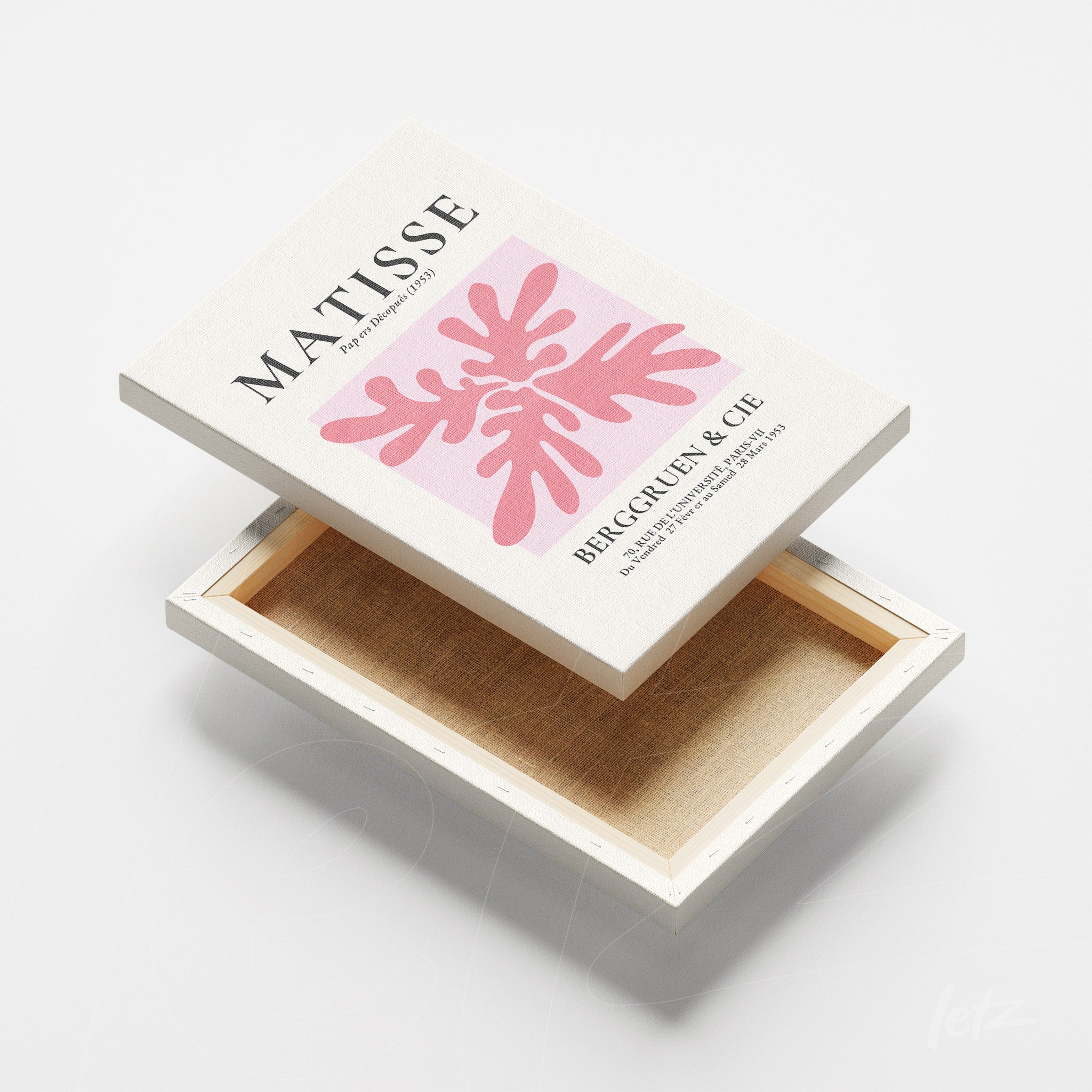 quadro em canvas com arte de Matisse exibido em ângulo, apresentando formas abstratas em tons de rosa sobre fundo branco