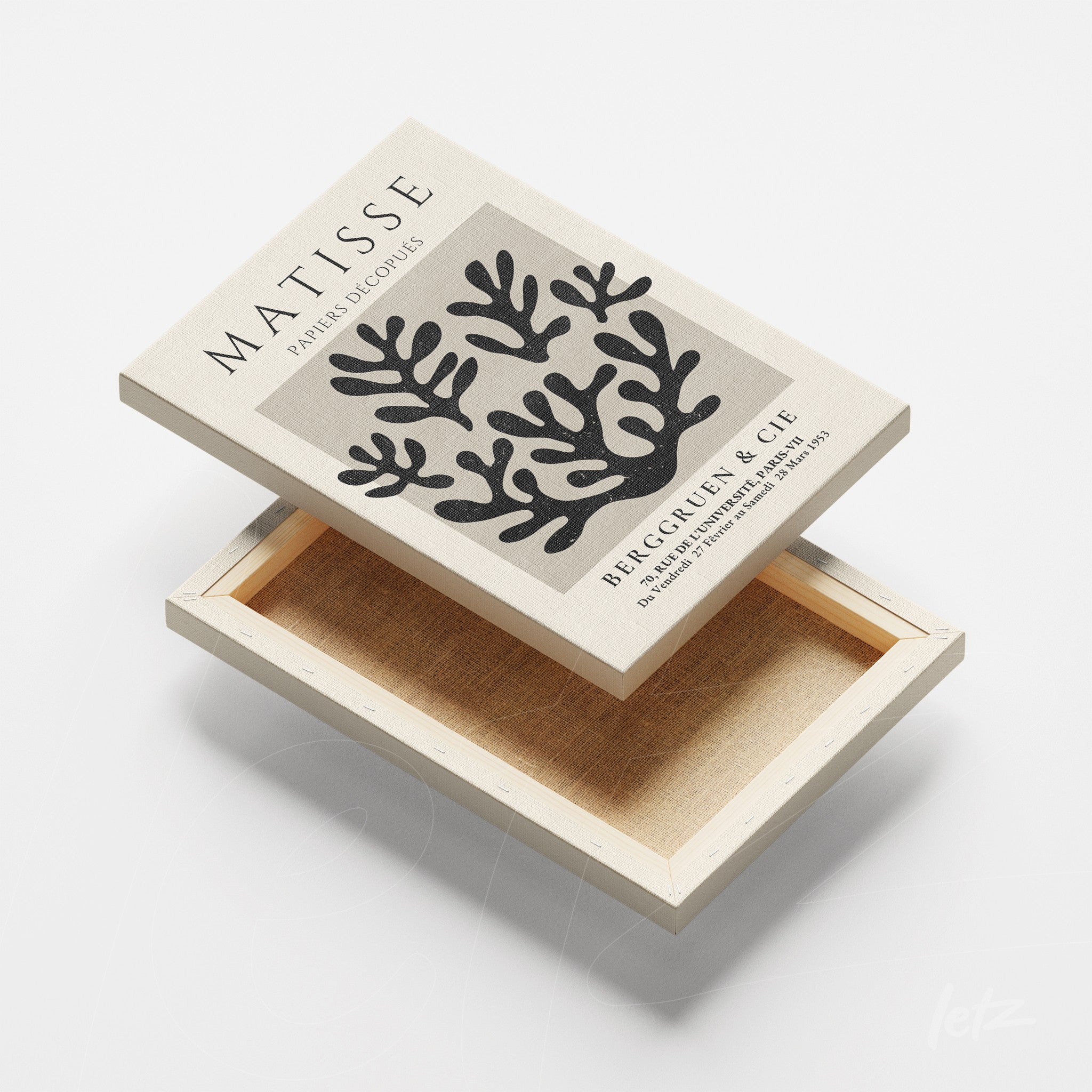 quadro em canvas com arte abstrata de folhas em preto sobre fundo creme, título em letras maiúsculas destacando o nome Matisse