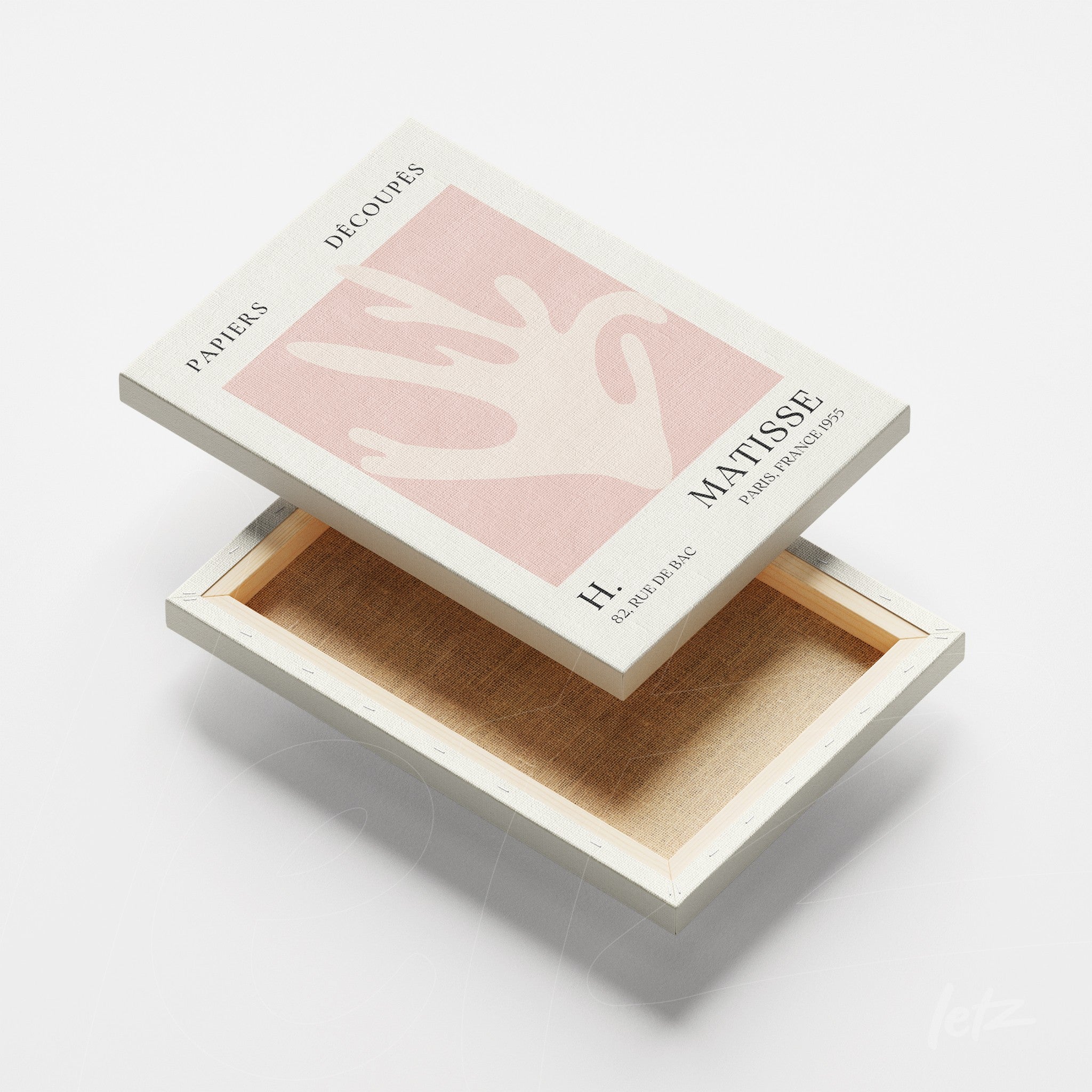 quadro decorativo com arte moderna de Matisse, apresentando uma mão estilizada em fundo rosa claro, moldura branca