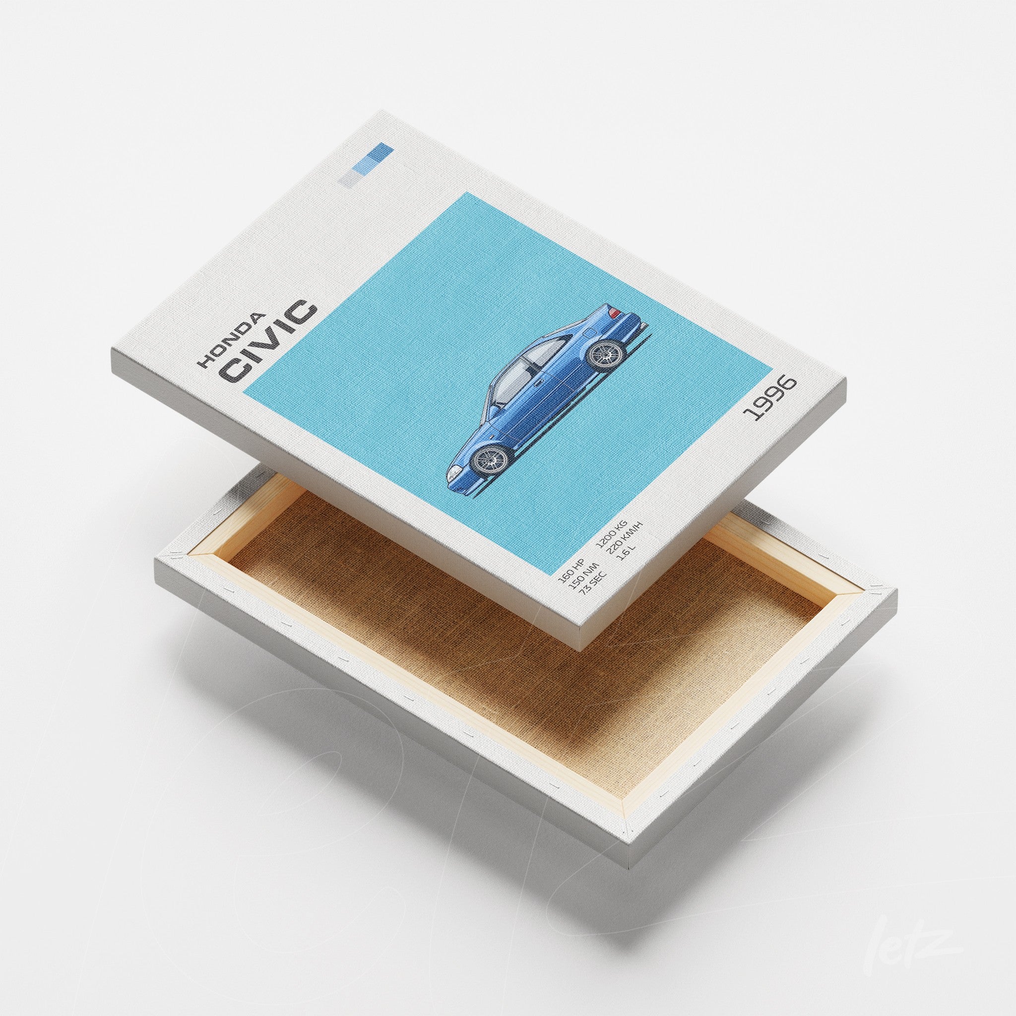 quadro em canvas com ilustração em estilo minimalista de um Honda Civic azul de 1996 sobre fundo azul claro