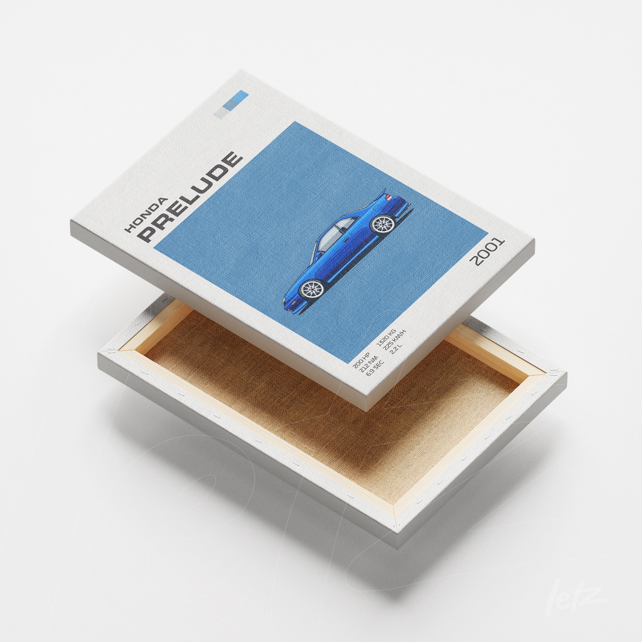 quadro em canvas com arte digital do carro Honda Prelude 2001, em fundo azul e moldura clara