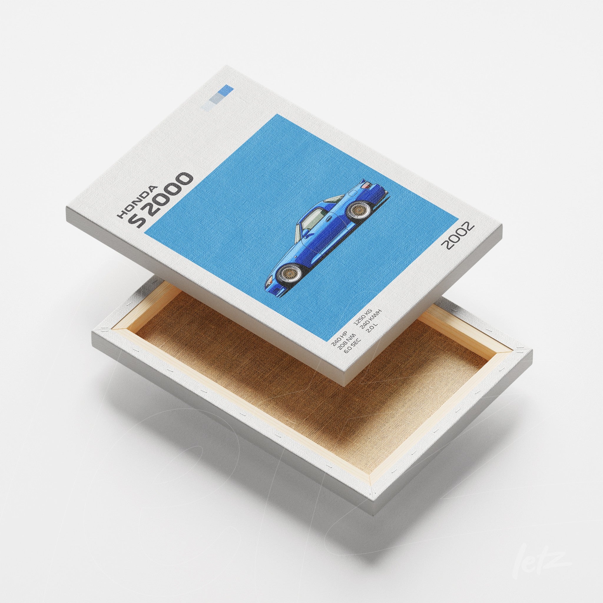 quadro em canvas com ilustração de carro Honda S2000 em fundo azul e moldura branca