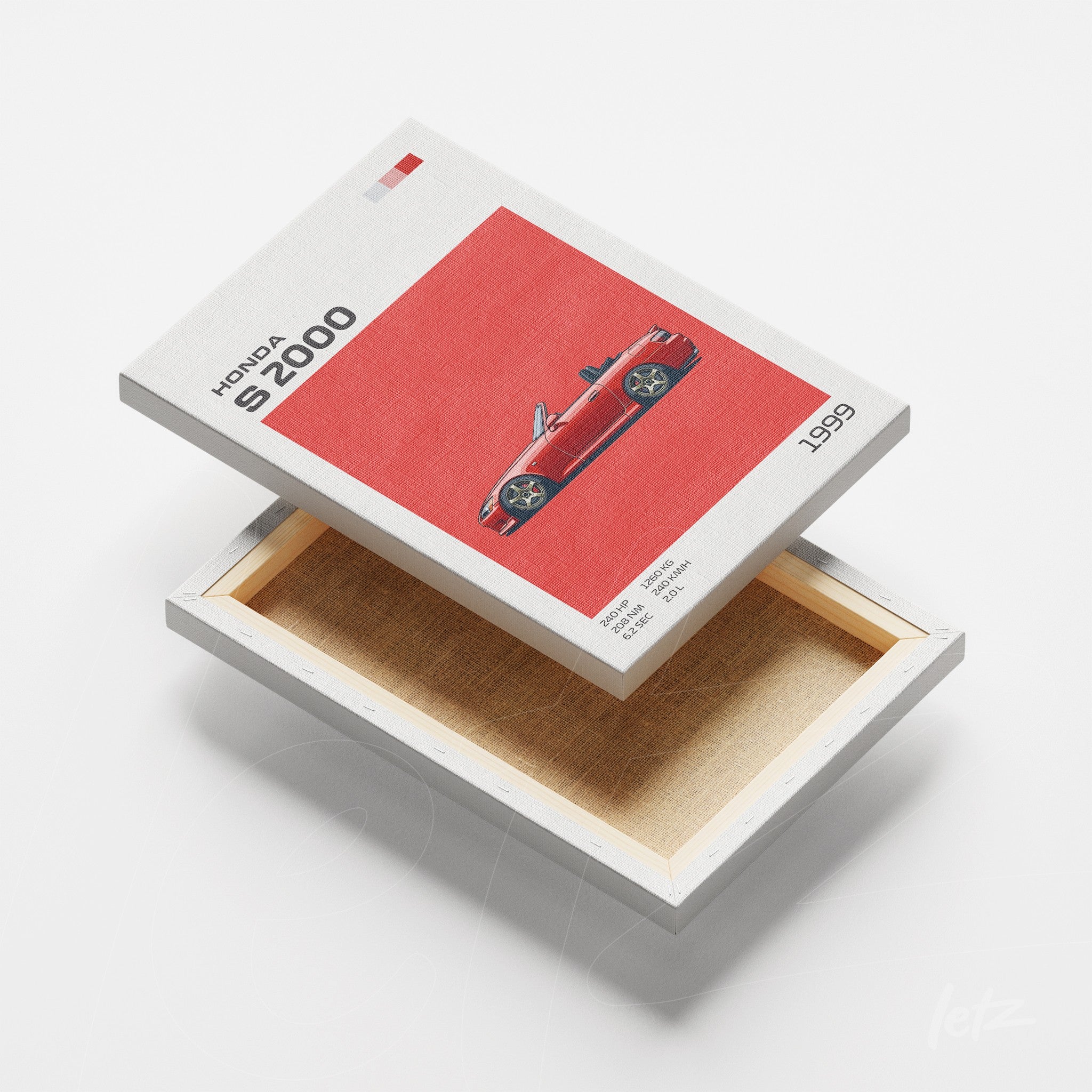 quadro em canvas com design minimalista de um carro vermelho Honda S2000 de 1959 em fundo vermelho