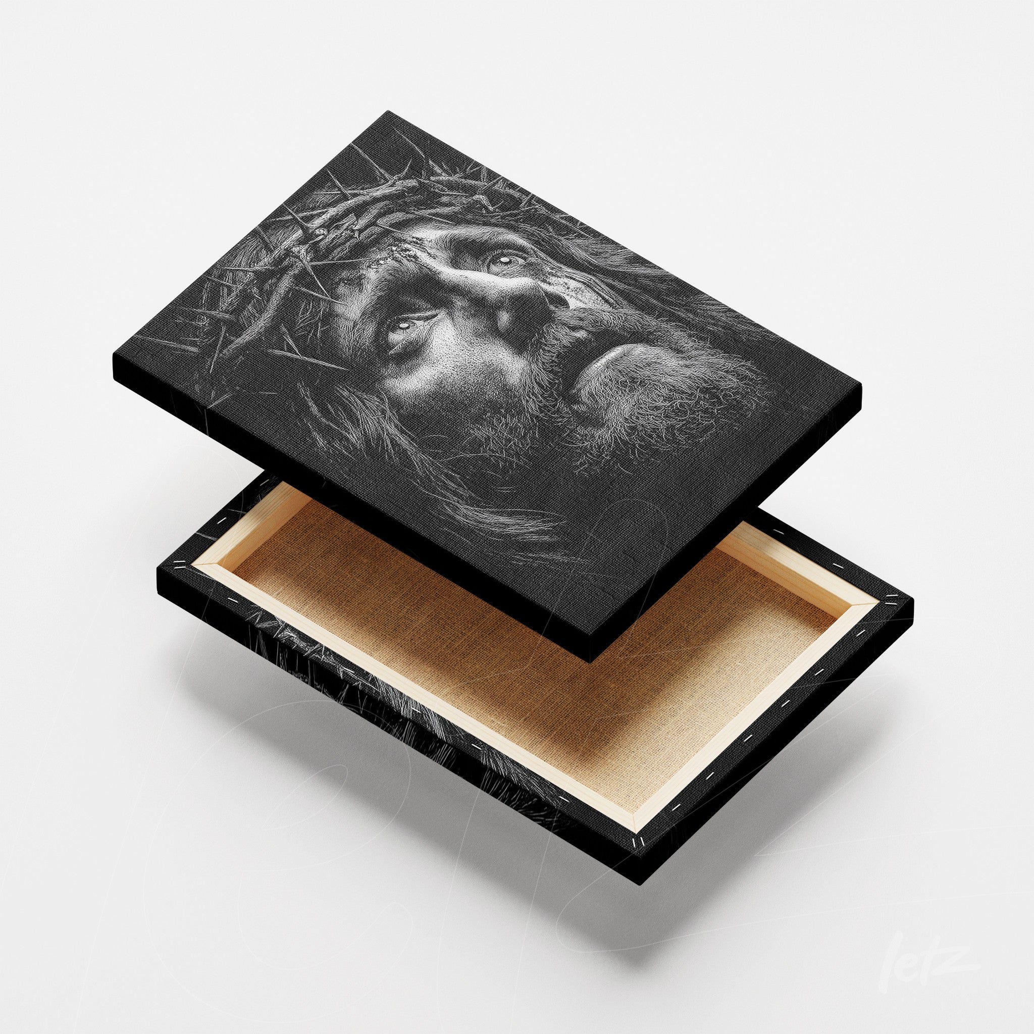 quadro em canvas com retrato em preto e branco de Jesus Cristo com coroa de espinhos, moldura preta