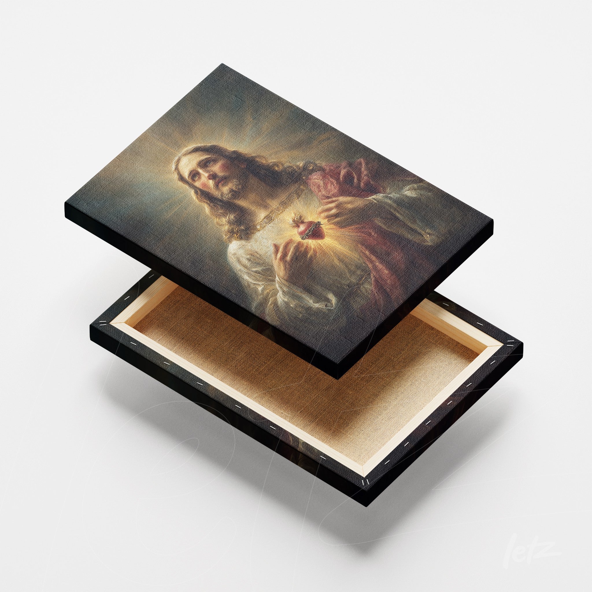 quadro em canvas com imagem de Jesus Cristo segurando o coração, apresentado em moldura preta