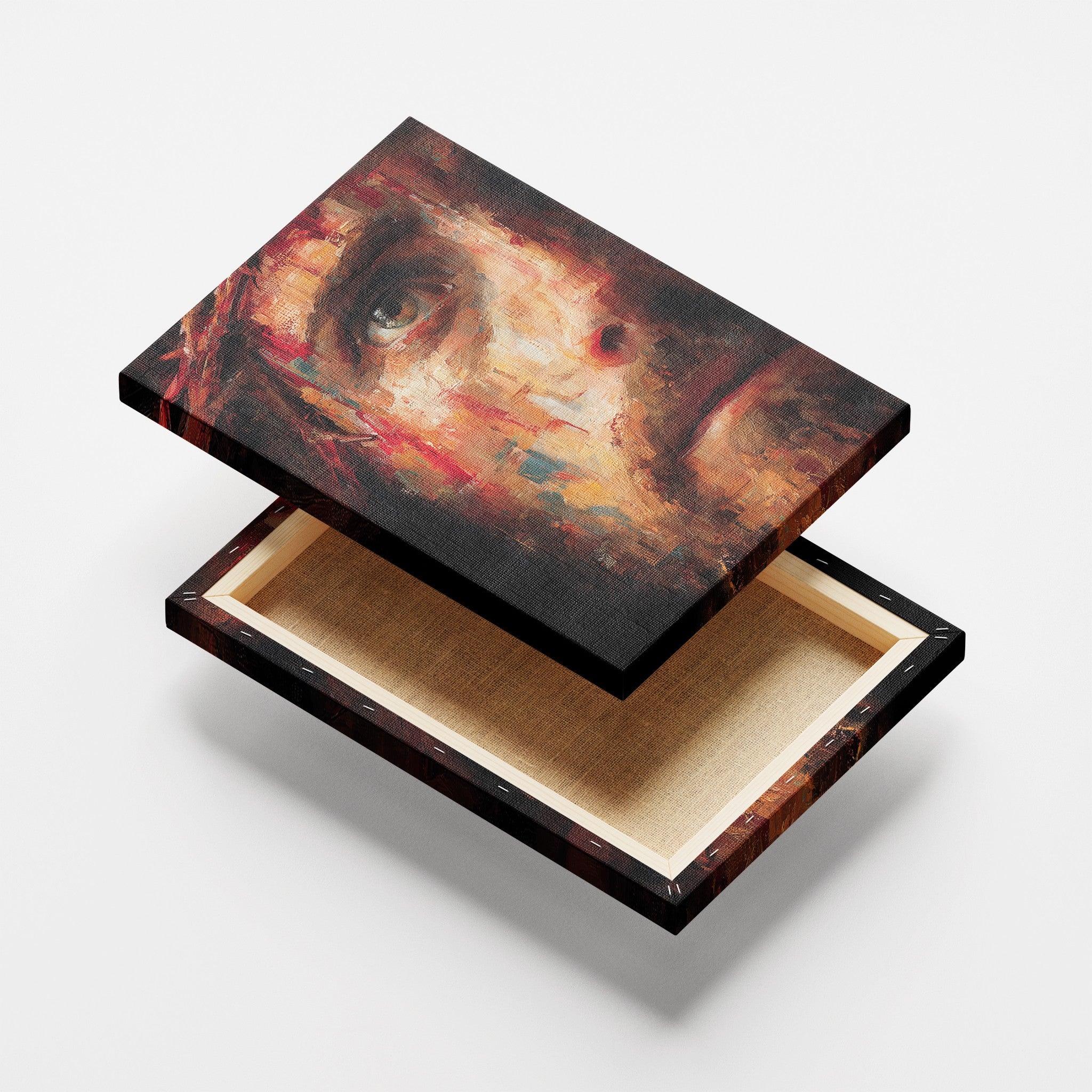 quadro em tela com retrato impressionista de um homem com expressões intensas, moldura de madeira escura