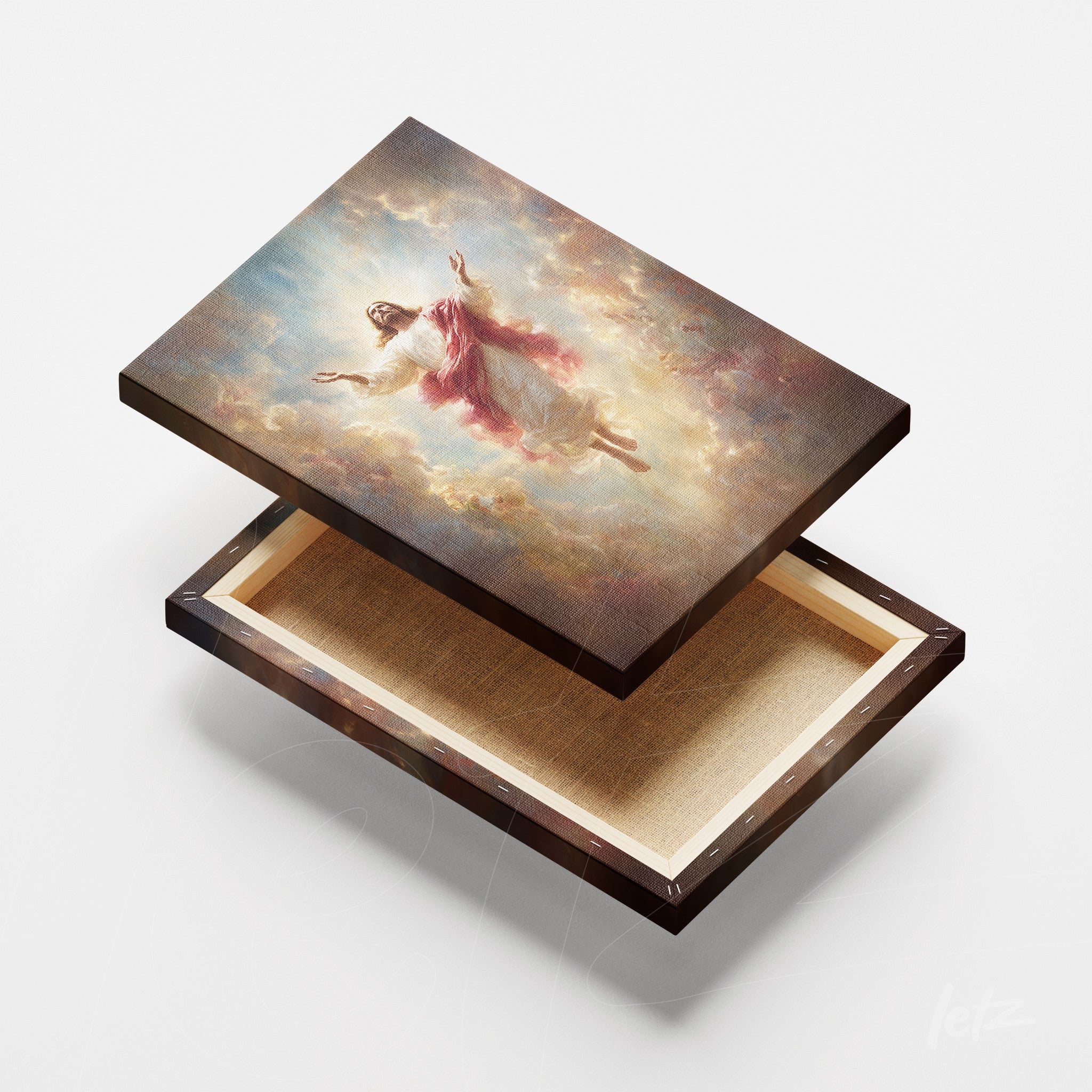 quadro em tela com imagem de Jesus Cristo flutuando entre nuvens em fundo claro, mostrando detalhes em dourado na moldura