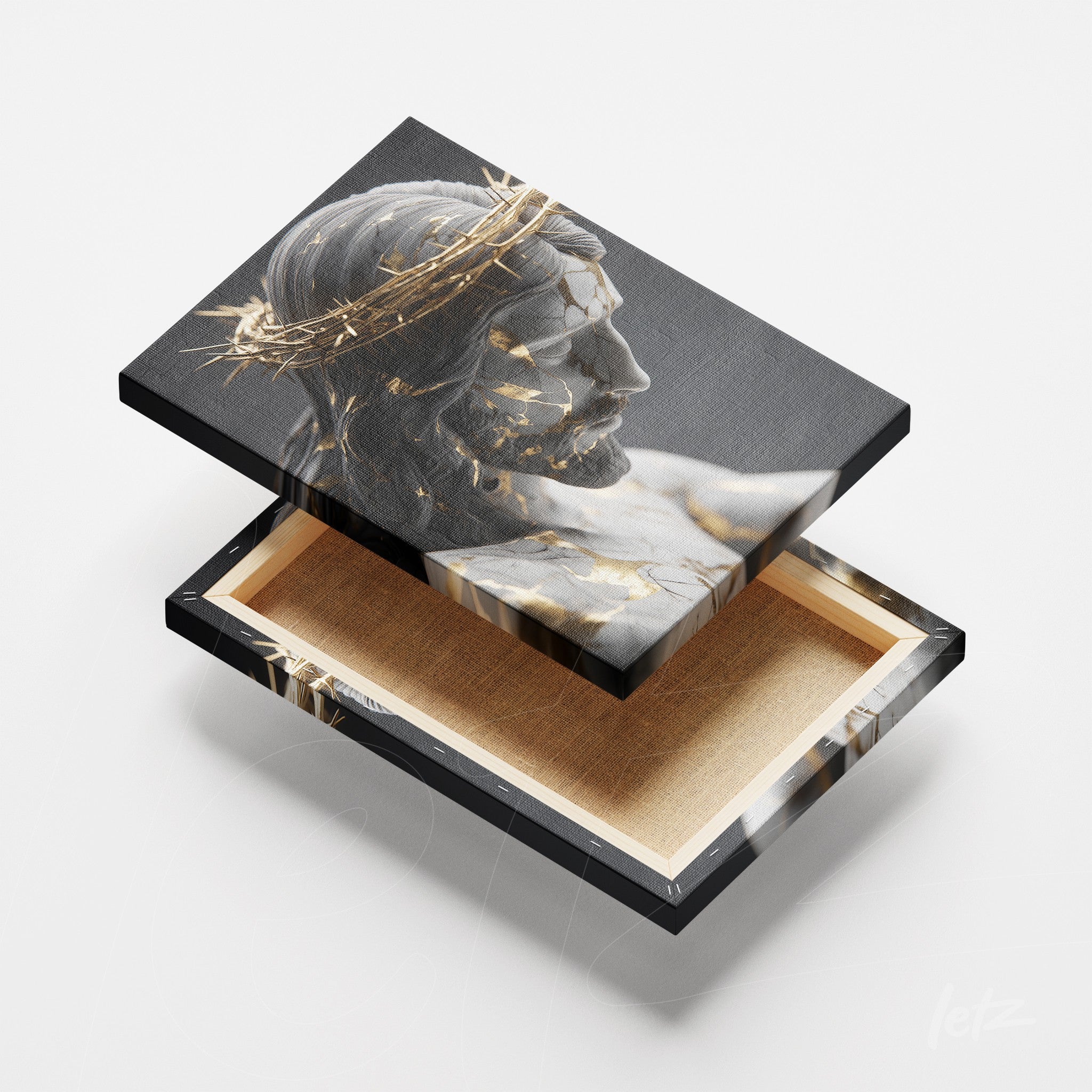 quadro em canvas com imagem de escultura de Cristo coroado de espinhos em tons de cinza e dourado com detalhes em textura