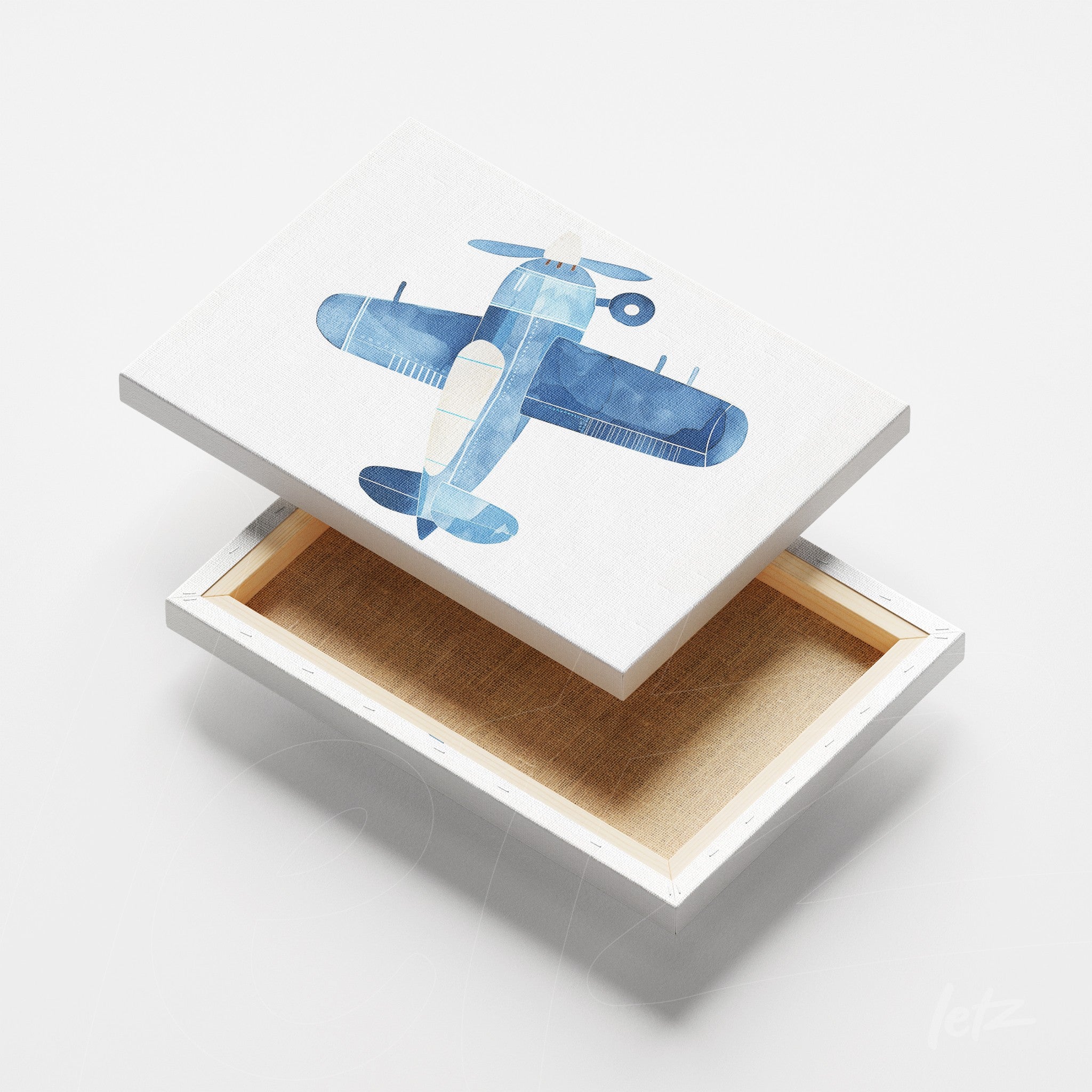 quadro em canvas com ilustração de avião azul em fundo branco