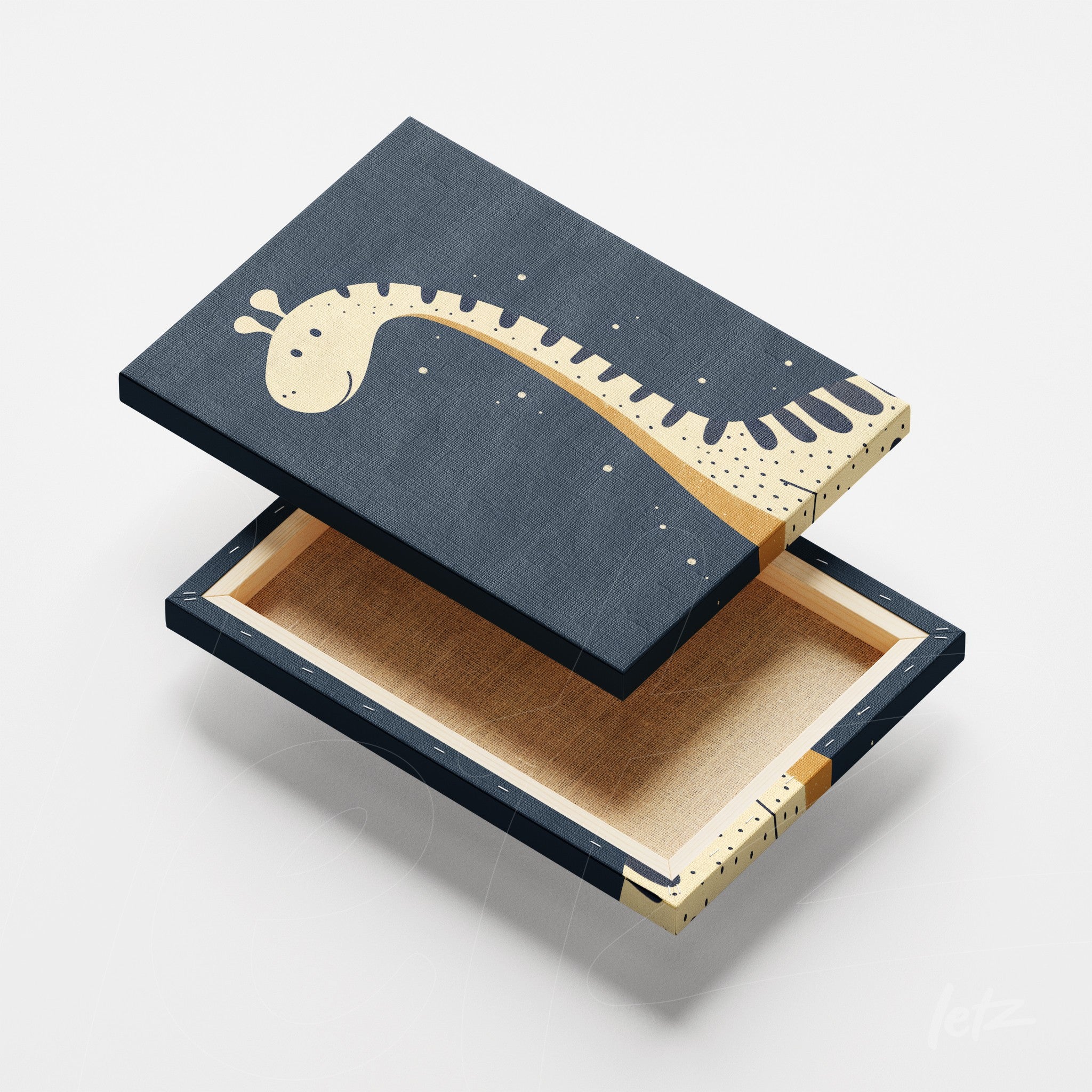 caixa decorativa com arte de girafa estilizada em fundo azul escuro