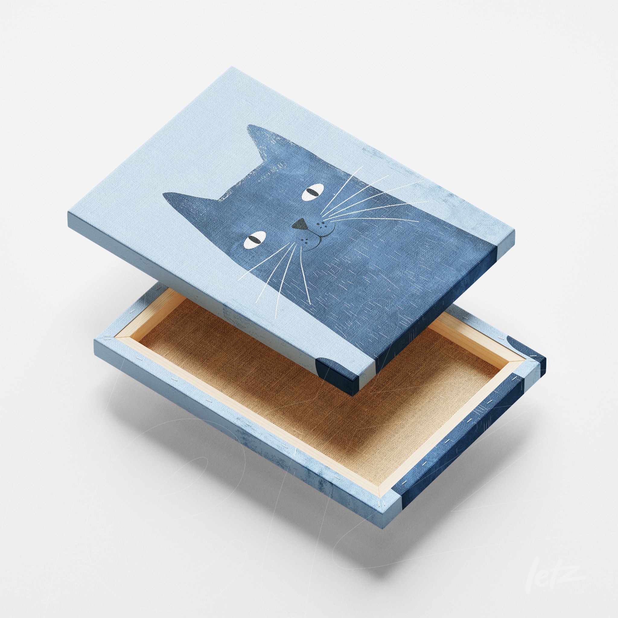 quadro em canvas com ilustração de gato em tons de azul sobre fundo claro