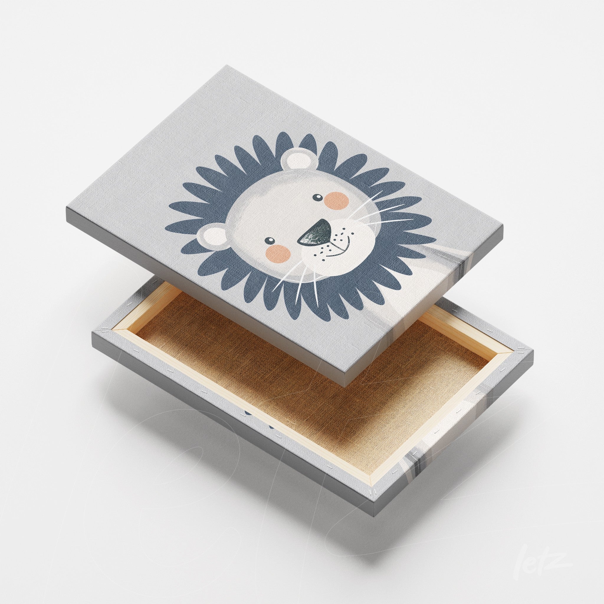 quadro em canvas com ilustração de leão sorridente em tons de azul e cinza