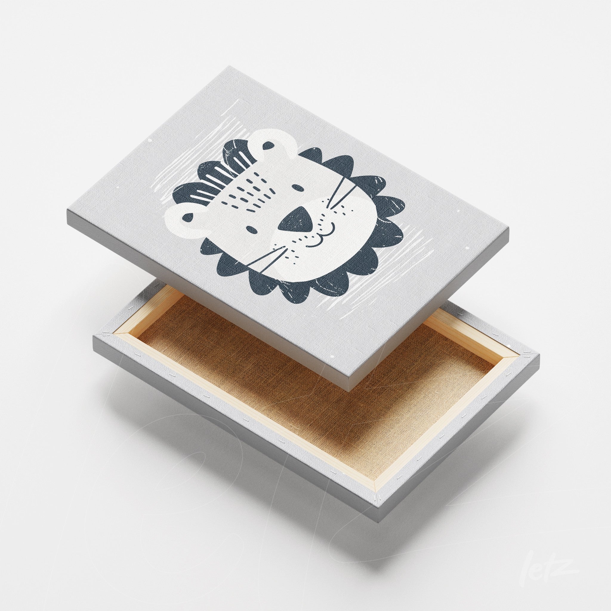 quadro em canvas com ilustração de leão em estilo infantil, com fundo cinza claro e moldura branca