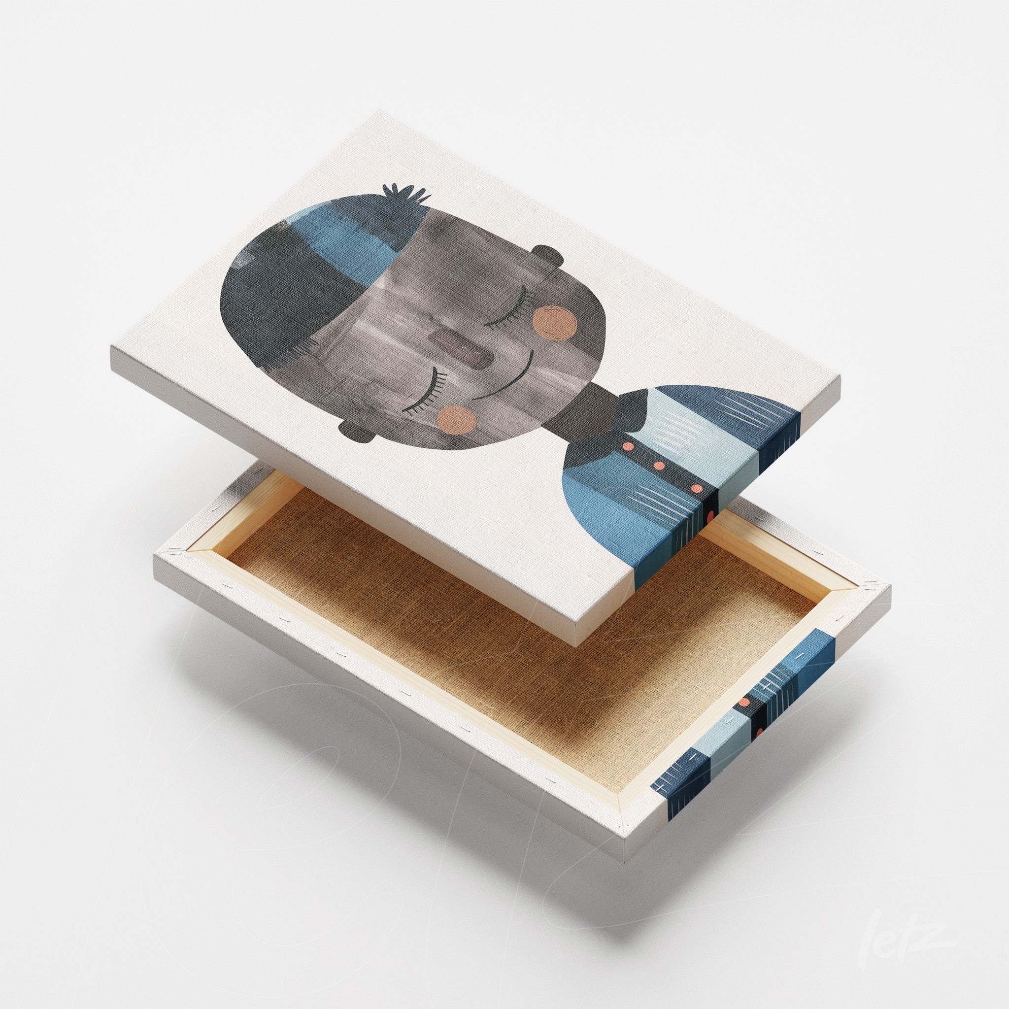 quadro em canvas com ilustração de rosto infantil em tons de azul e cinza, moldura branca