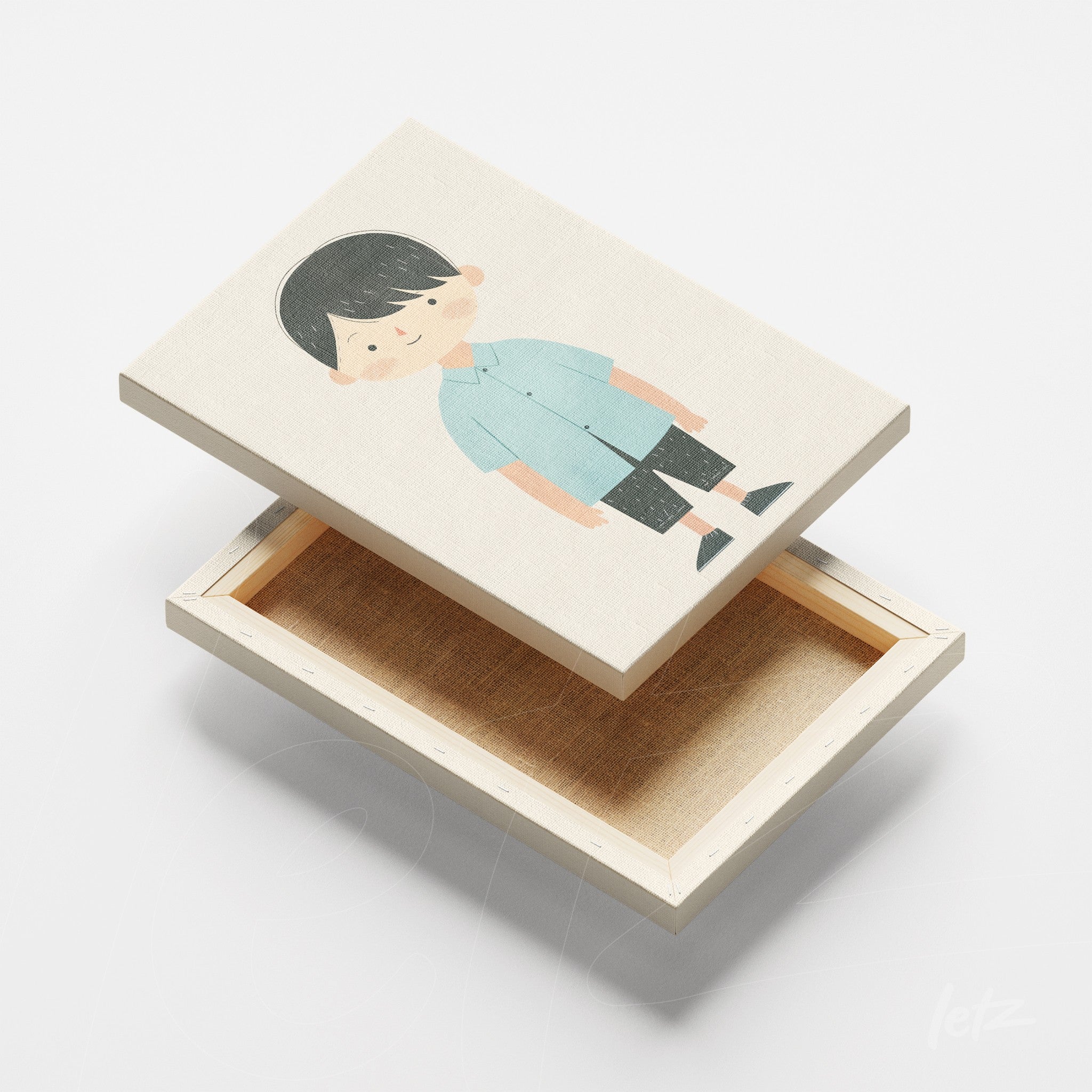 quadro em canvas com ilustração de garoto sorridente vestindo camisa azul e calças pretas sobre fundo neutro