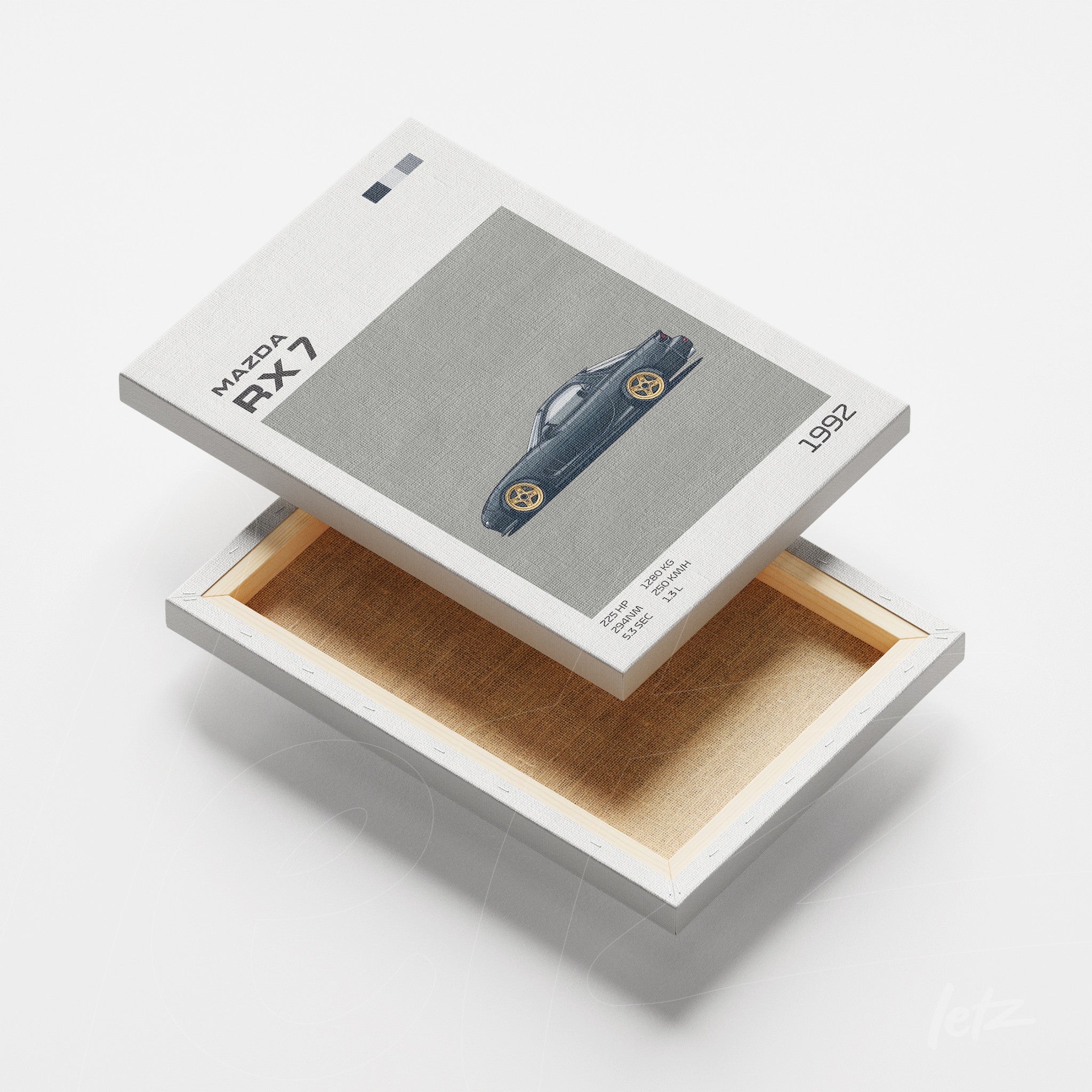 quadro em tela com ilustração vintage do carro Mazda RX7 em fundo cinza claro