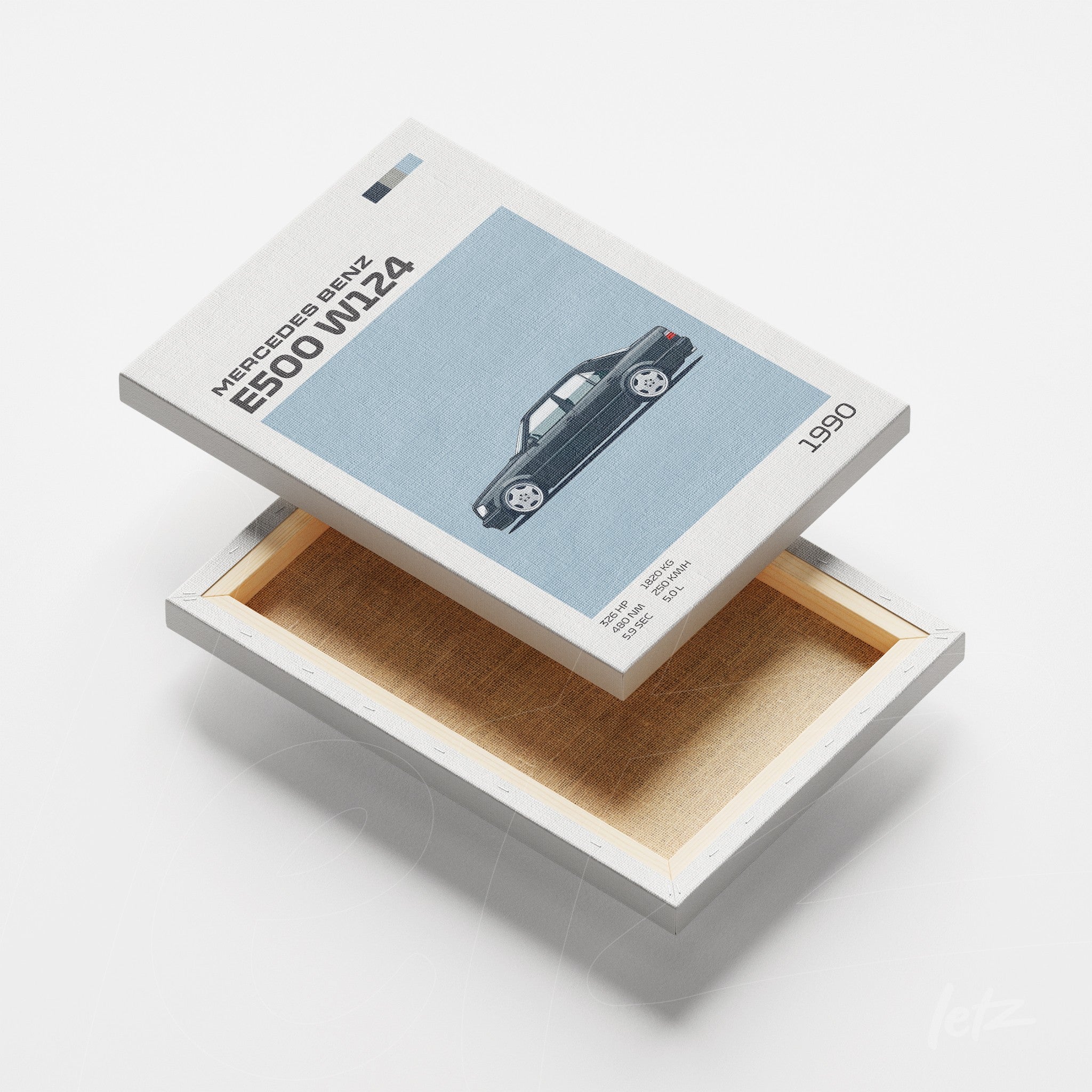 quadro em canvas apresentando ilustração minimalista de um carro Mercedes-Benz E500 W24 com fundo texturizado e simples