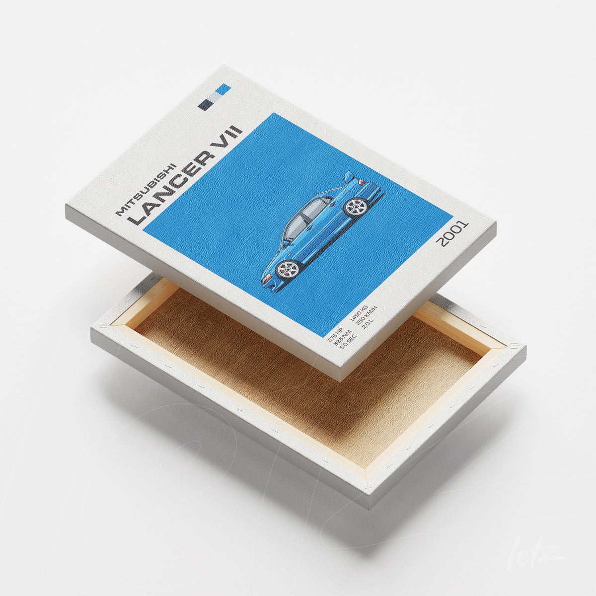 quadro em canvas com ilustração estilizada do Mitsubishi Lancer VII azul sobre fundo azul