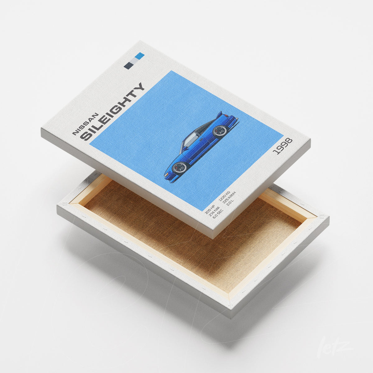 quadro em canvas com arte de um carro Nissan Sil80 de 1998, apresentado em fundo azul com detalhes gráficos