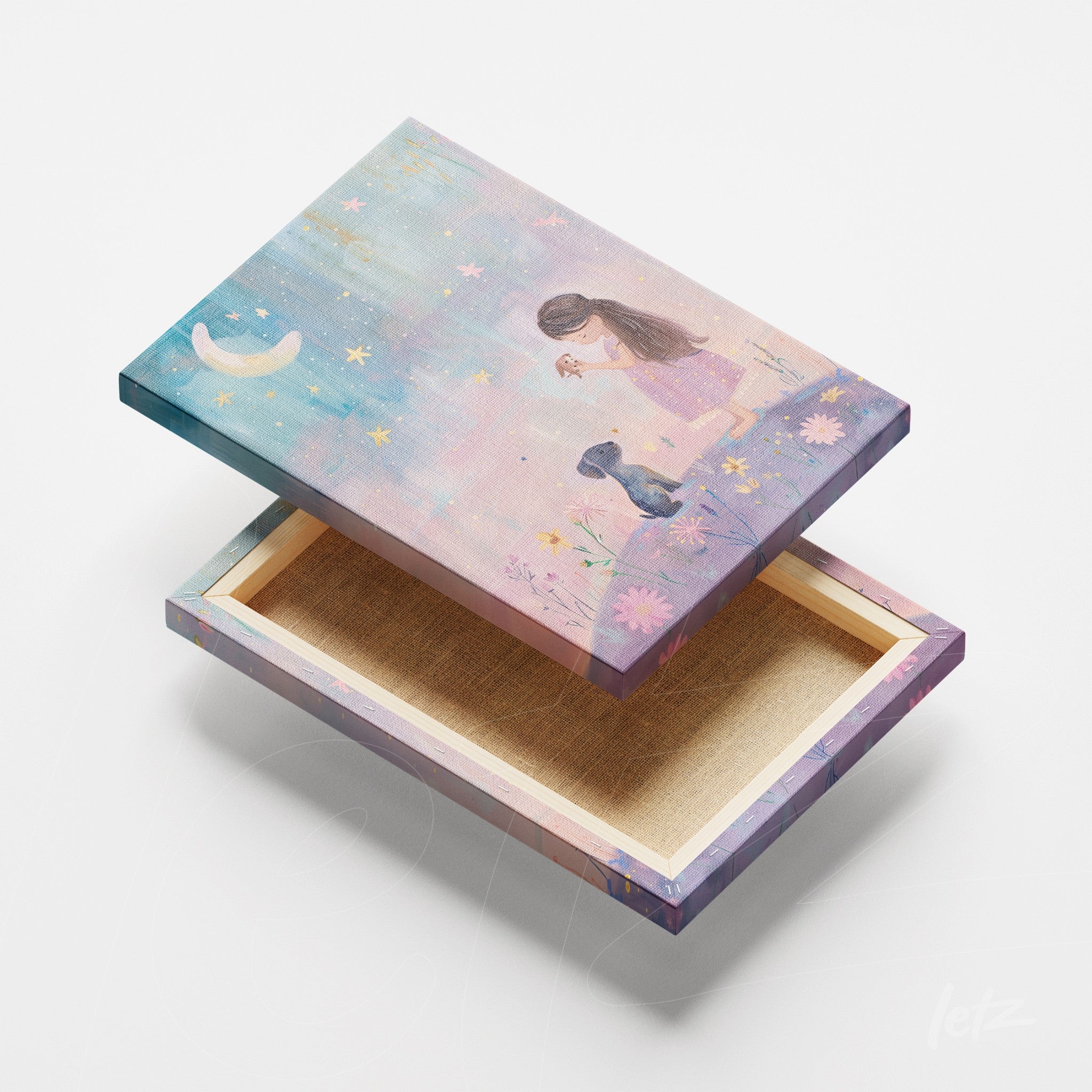 caixa decorativa com arte lúdica de menina brincando com cachorro sob um céu estrelado com lua crescente