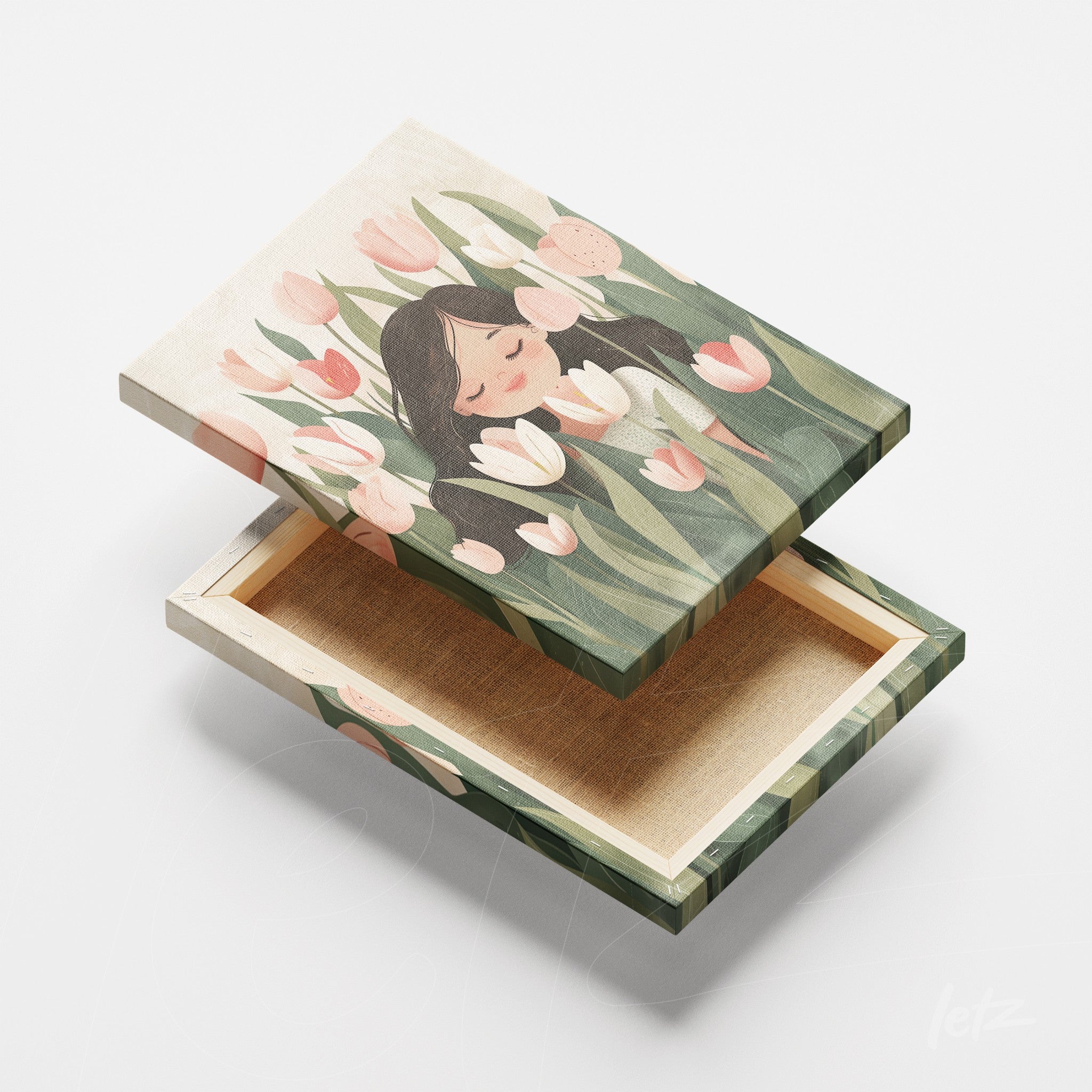 quadro em canvas com ilustração de menina rodeada por tulipas em fundo verde
