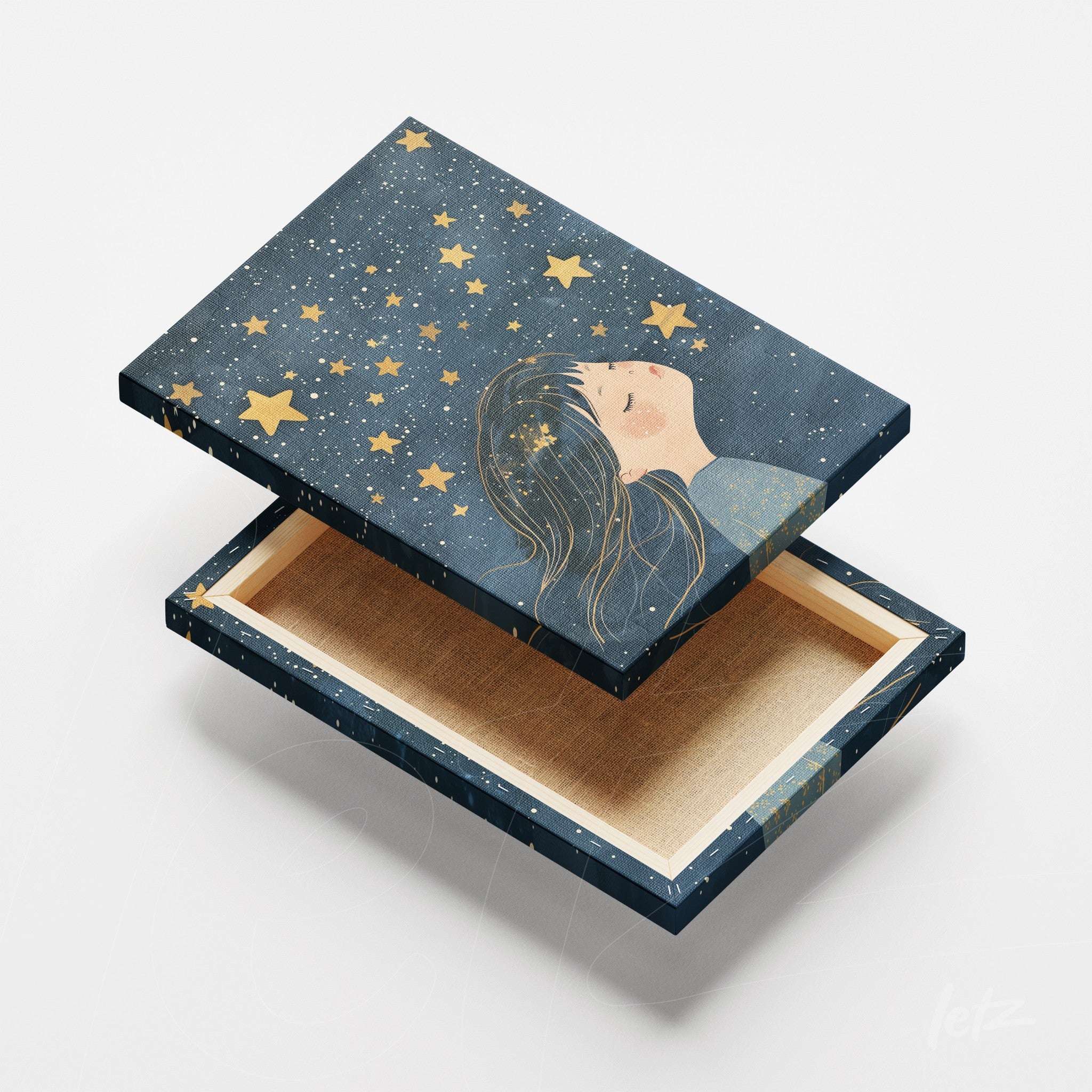 caixa decorativa com ilustração de menina olhando para estrelas em fundo azul escuro