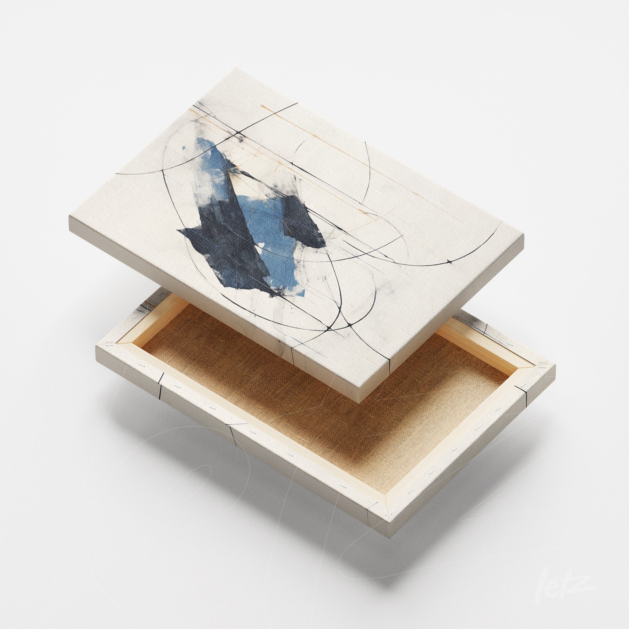 quadro em canvas com design abstrato em tons de azul e linhas finas pretas em fundo claro