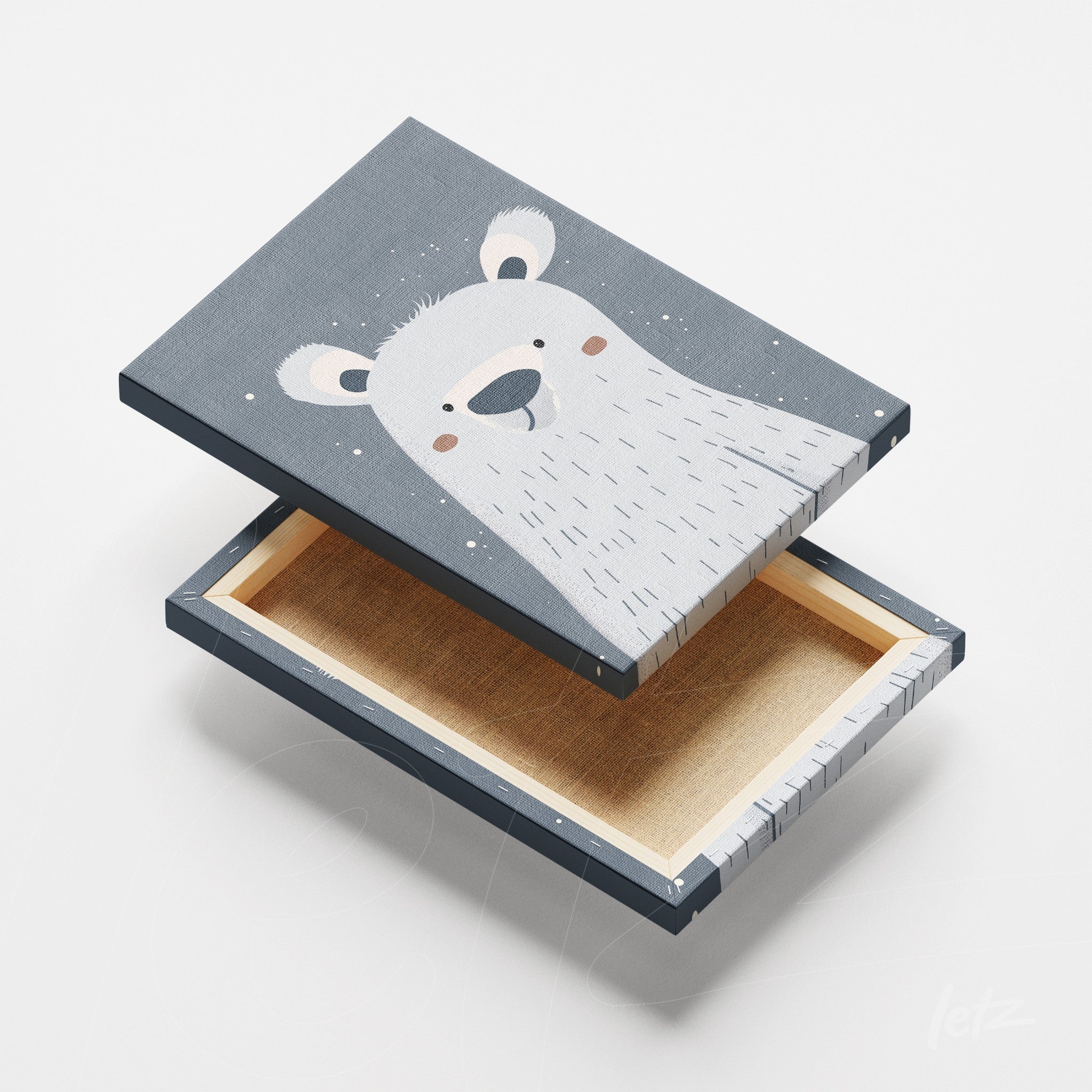 vista angular de um quadro canvas com ilustração de urso polar em fundo cinza