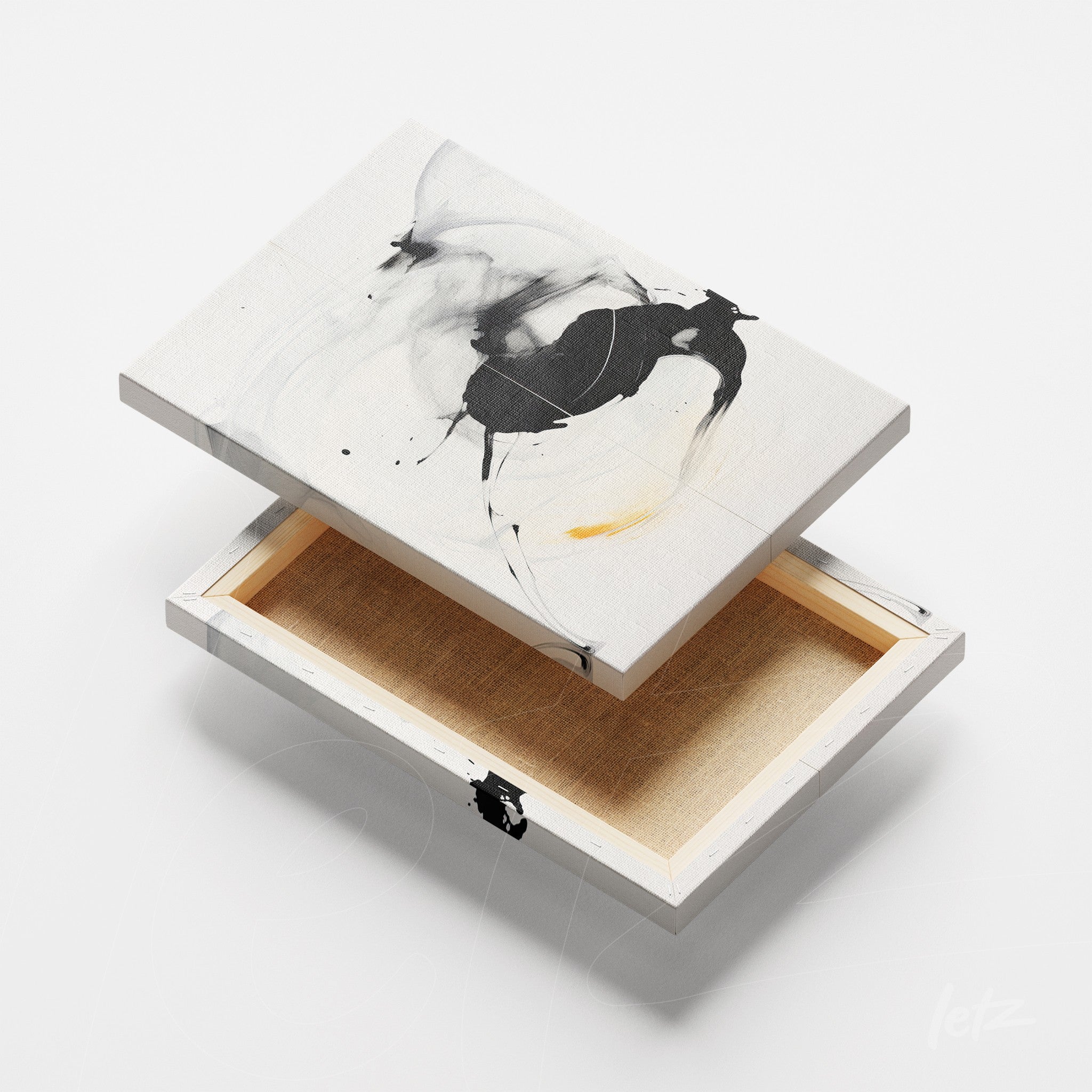 quadro em canvas com arte abstrata em preto, branco e toques de amarelo, exibido em ângulo com fundo branco