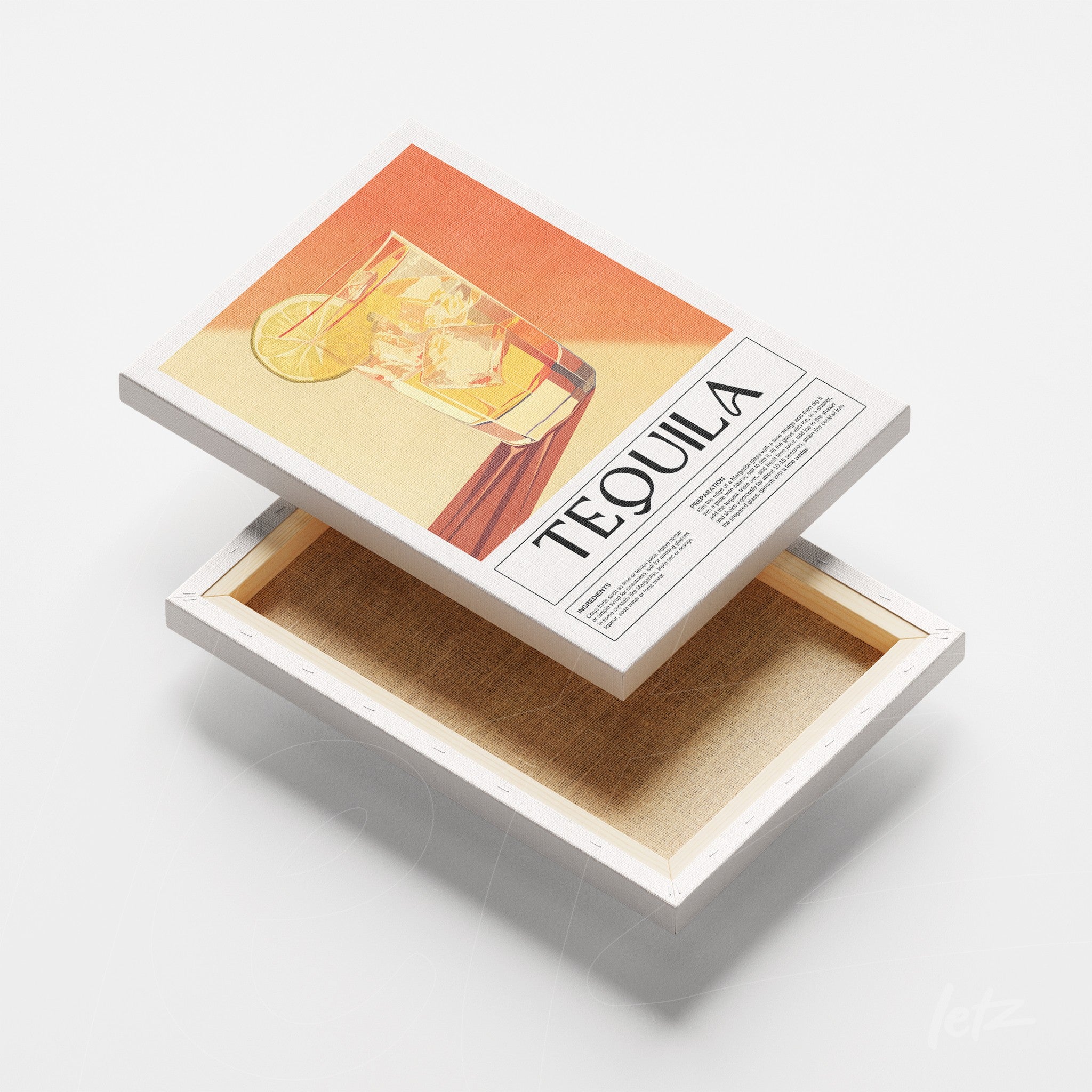 quadro em canvas com arte retrô de drink tequila em fundo laranja e vermelho