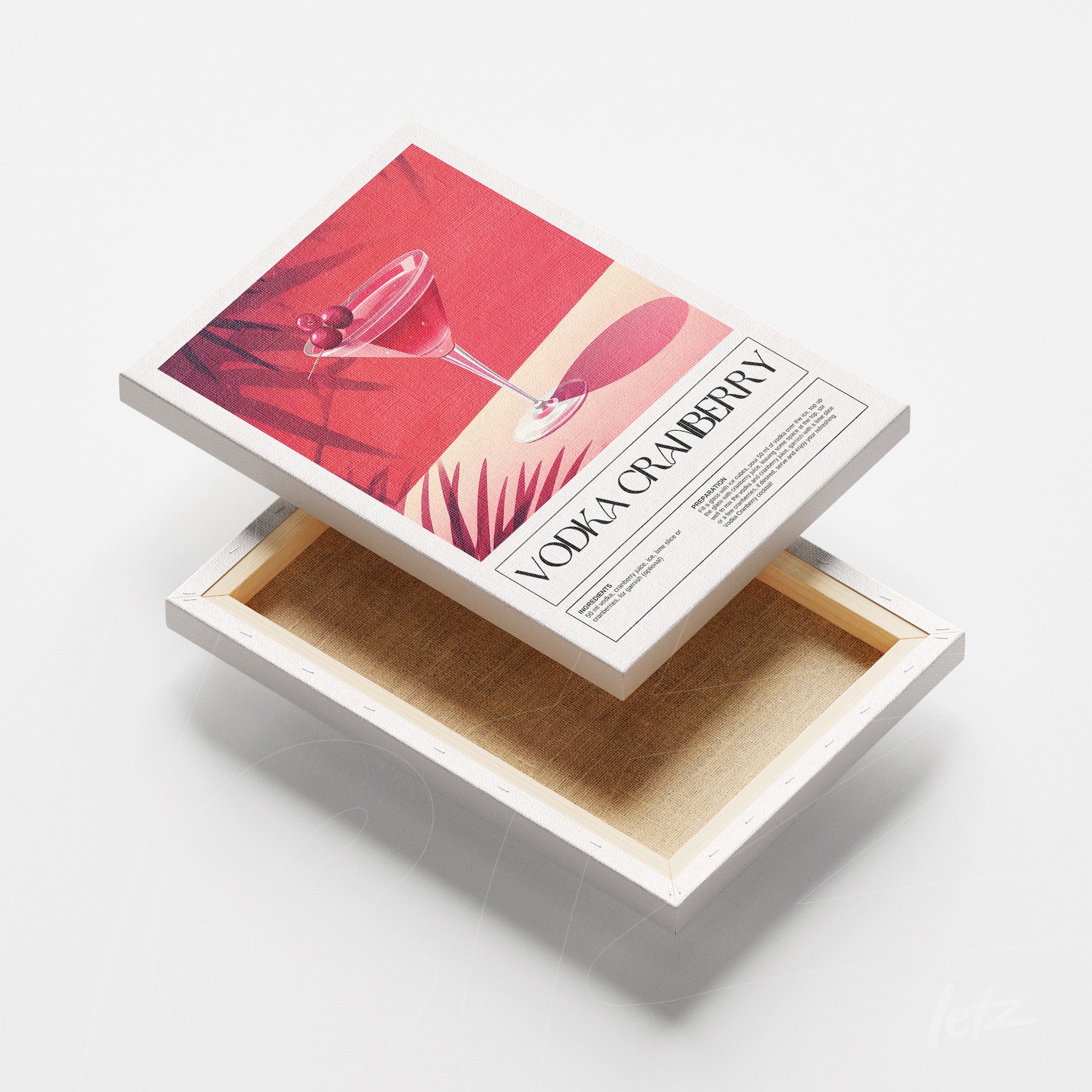 quadro em canvas com arte retrô de drink vodka cranberry em fundo rosa