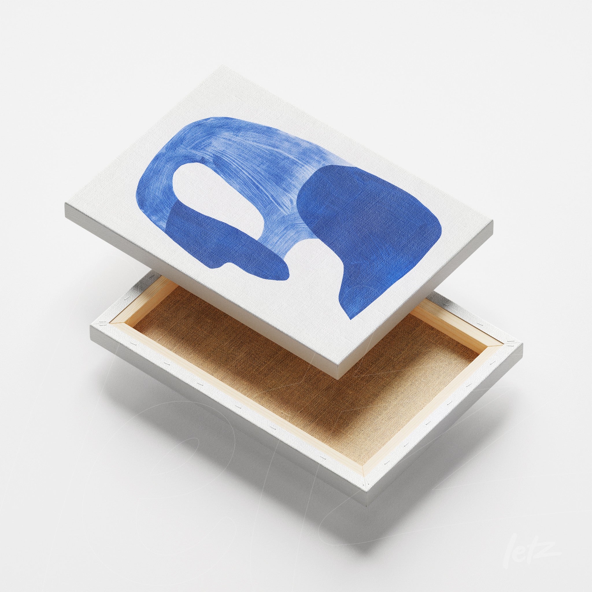 quadro em canvas com arte abstrata em tons de azul sobre fundo claro