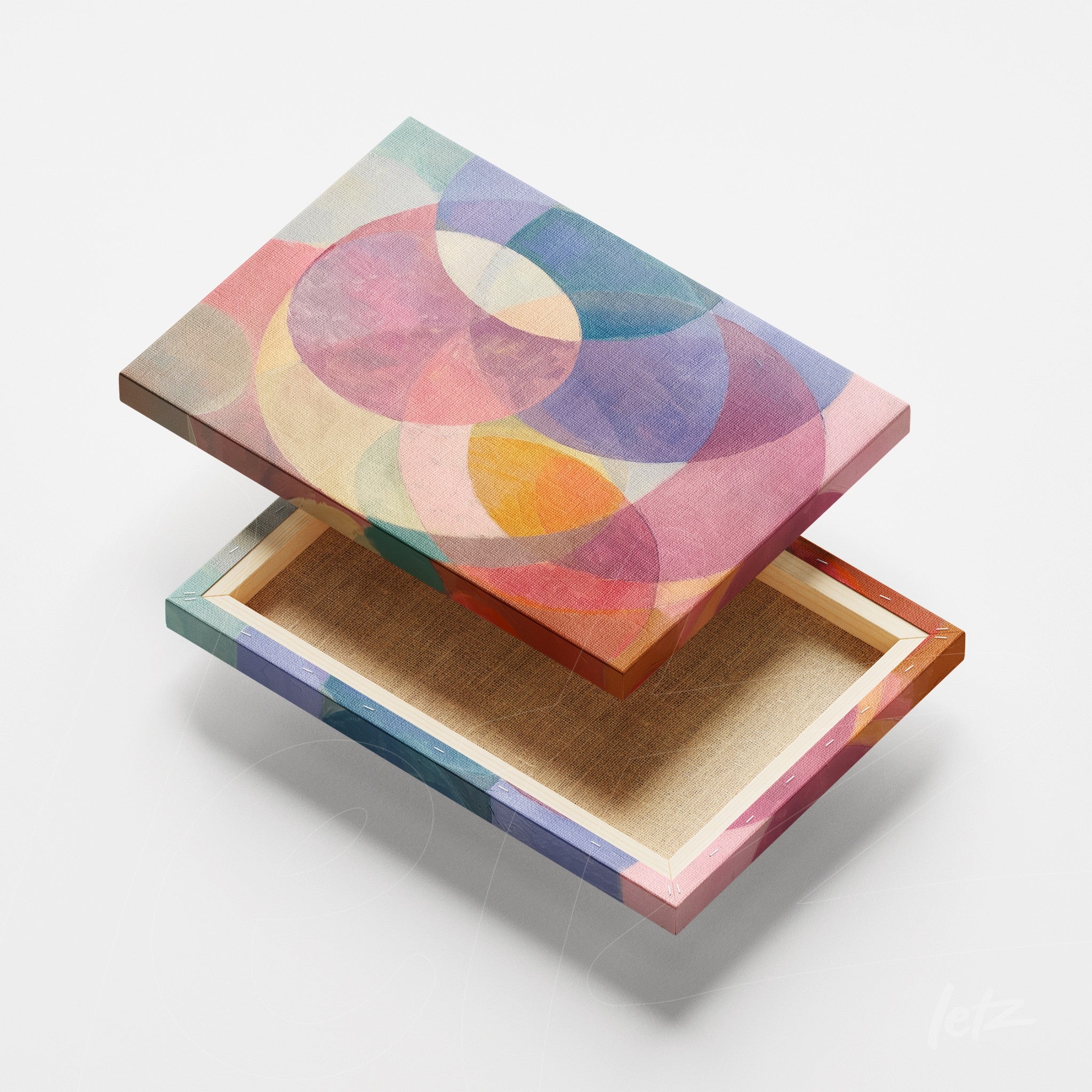 quadro com arte abstrata de círculos em cores pastéis e moldura colorida
