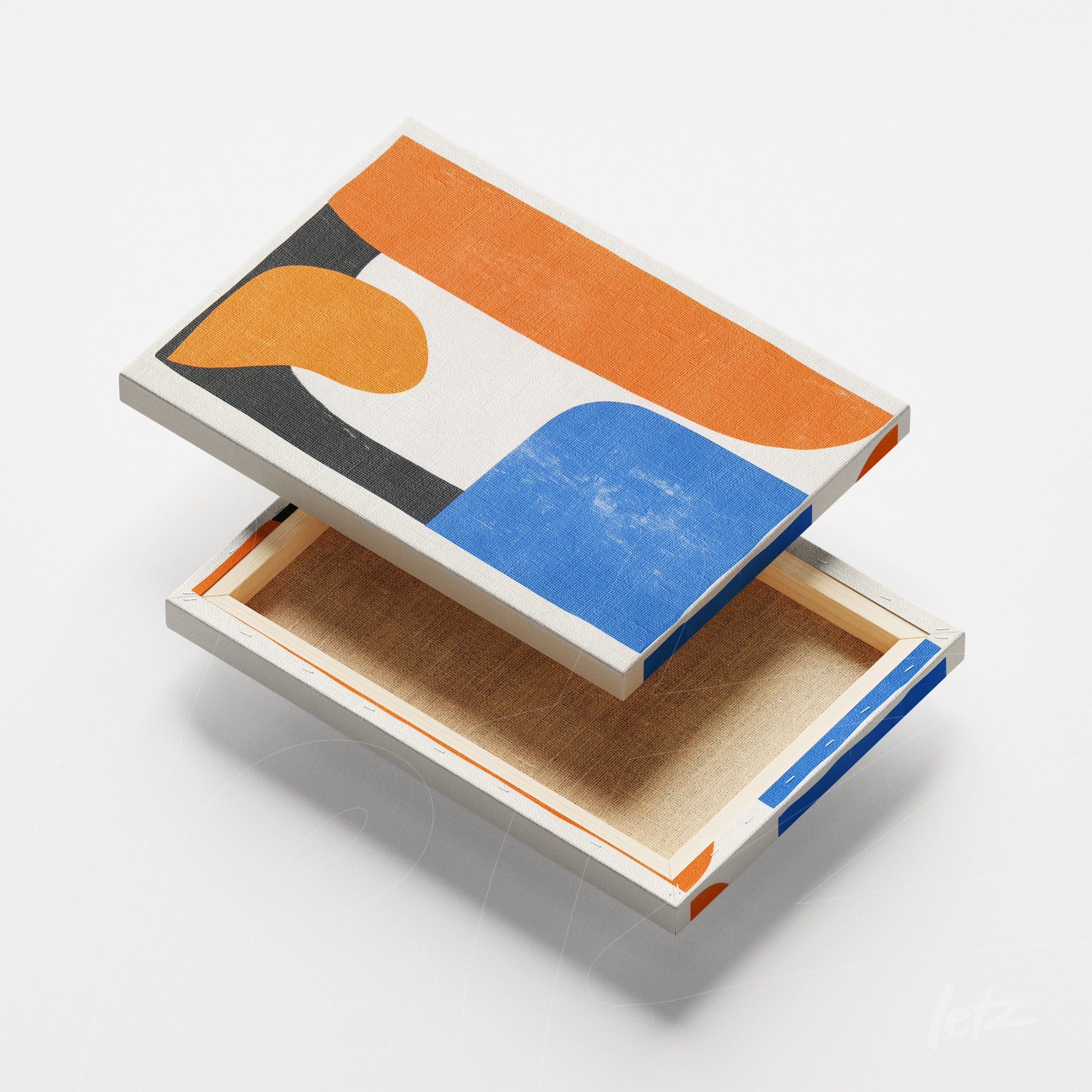 quadro em canvas com design abstrato em tons de laranja, azul e preto sobre fundo branco