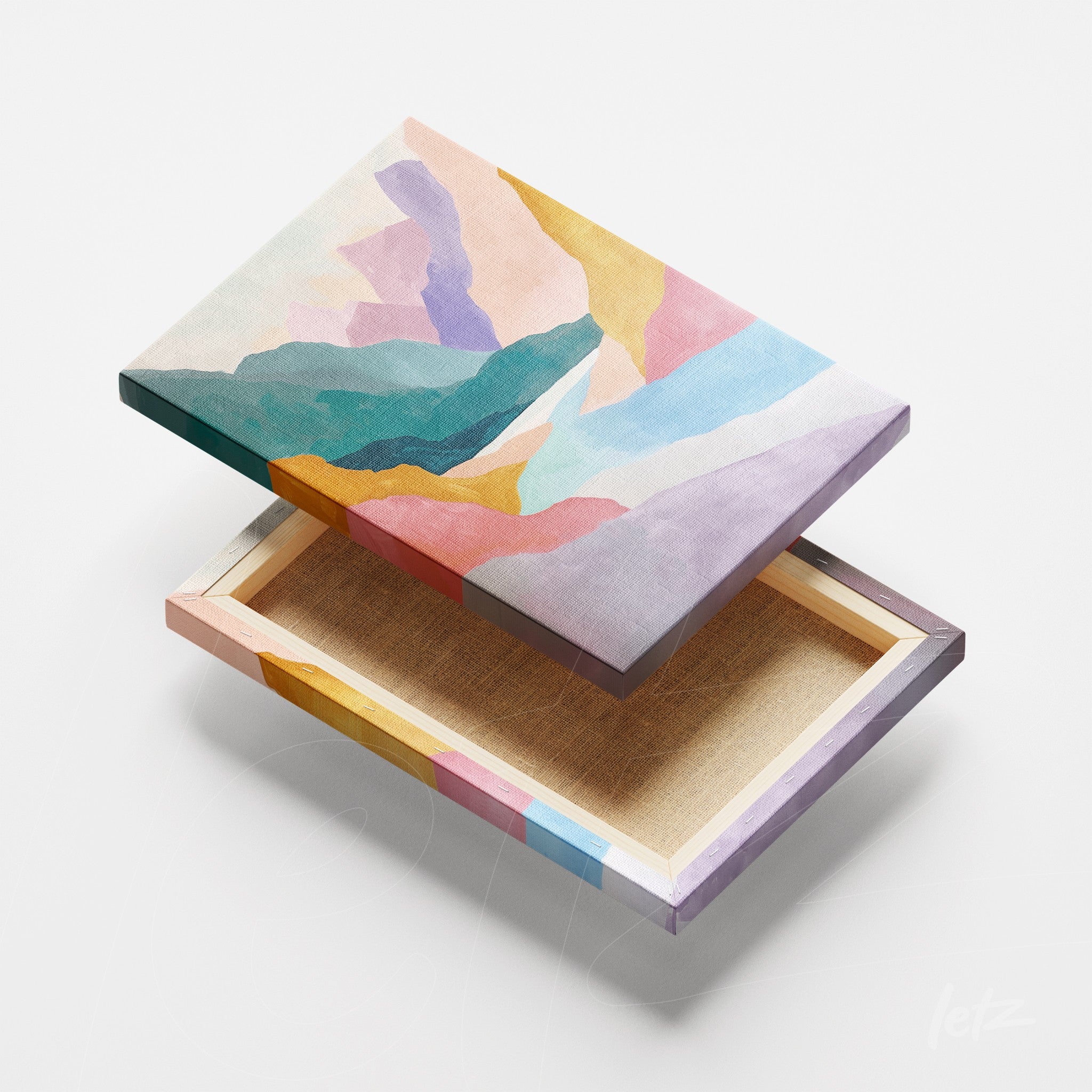 quadro em canvas com design abstrato em cores pastel, apresentando formas geométricas e texturas suaves