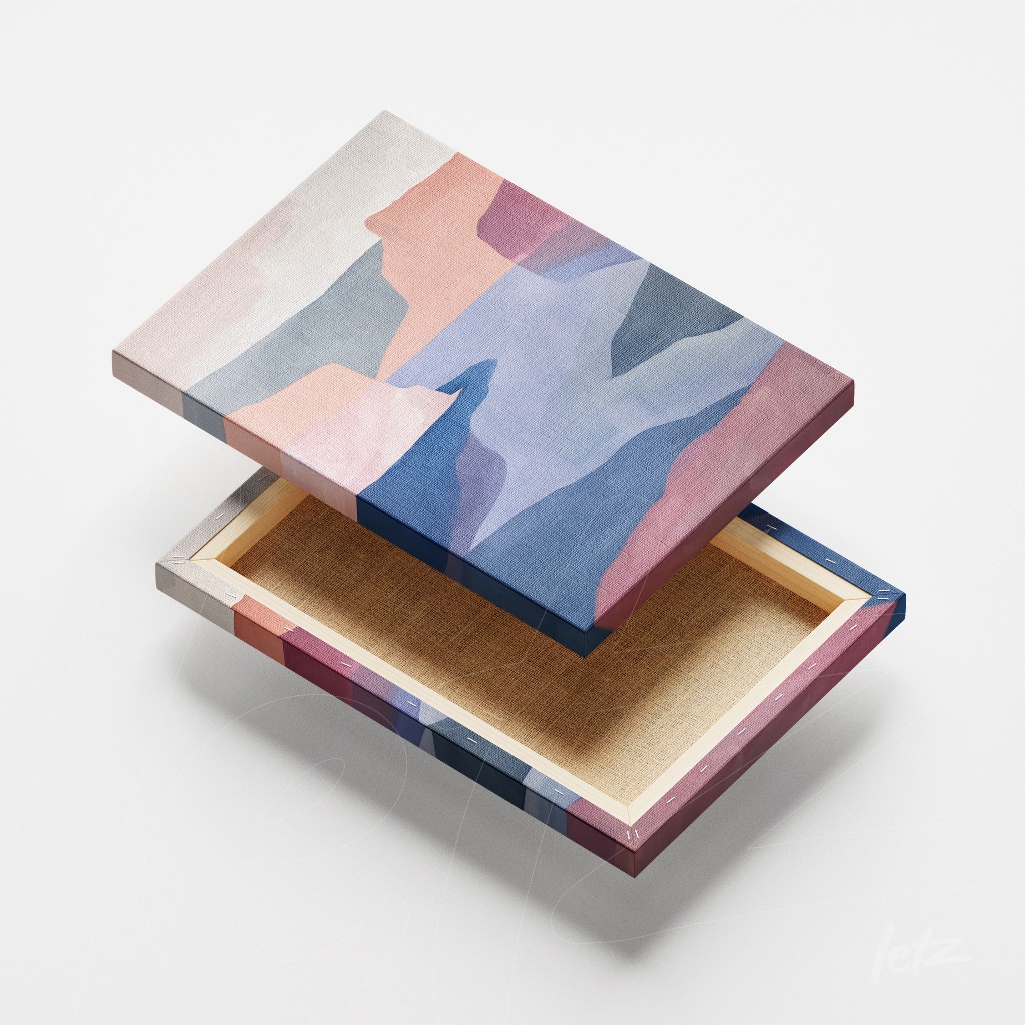 quadro de tela em canvas com design abstrato em cores suaves e moldura em tons variados