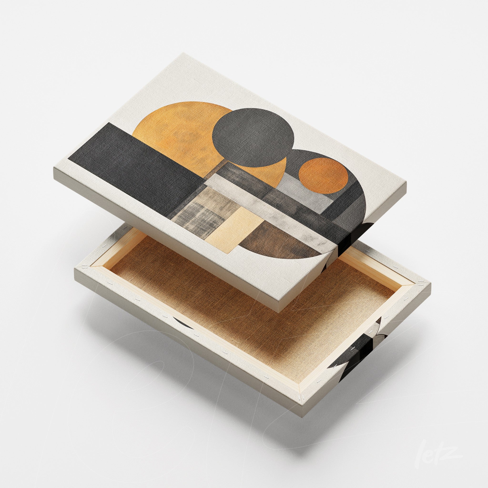 quadro em canvas com arte abstrata composta por formas geométricas em tons de amarelo, preto e cinza, exibido em moldura moderna